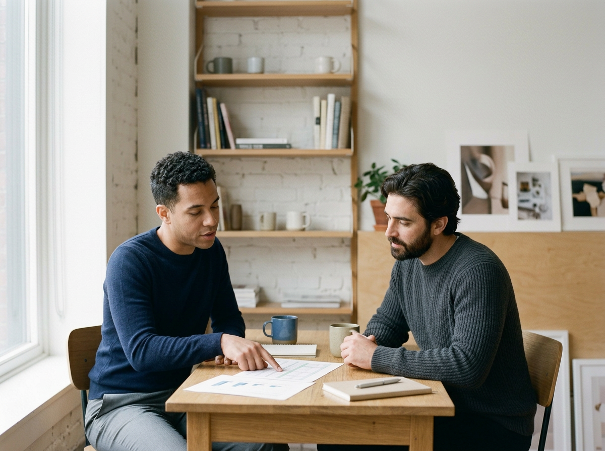 Two men having a discussion at a wooden table in a bright room, with one pointing at papers and the other holding a mug.