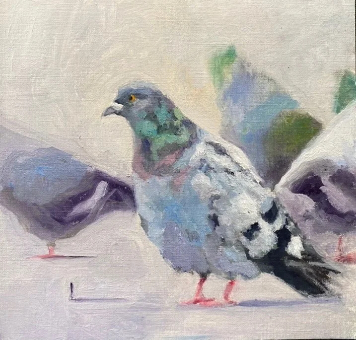 Painting of three pigeons, one in the center with iridescent green and blue feathers, and two on the sides, against a neutral background with some green leaves.