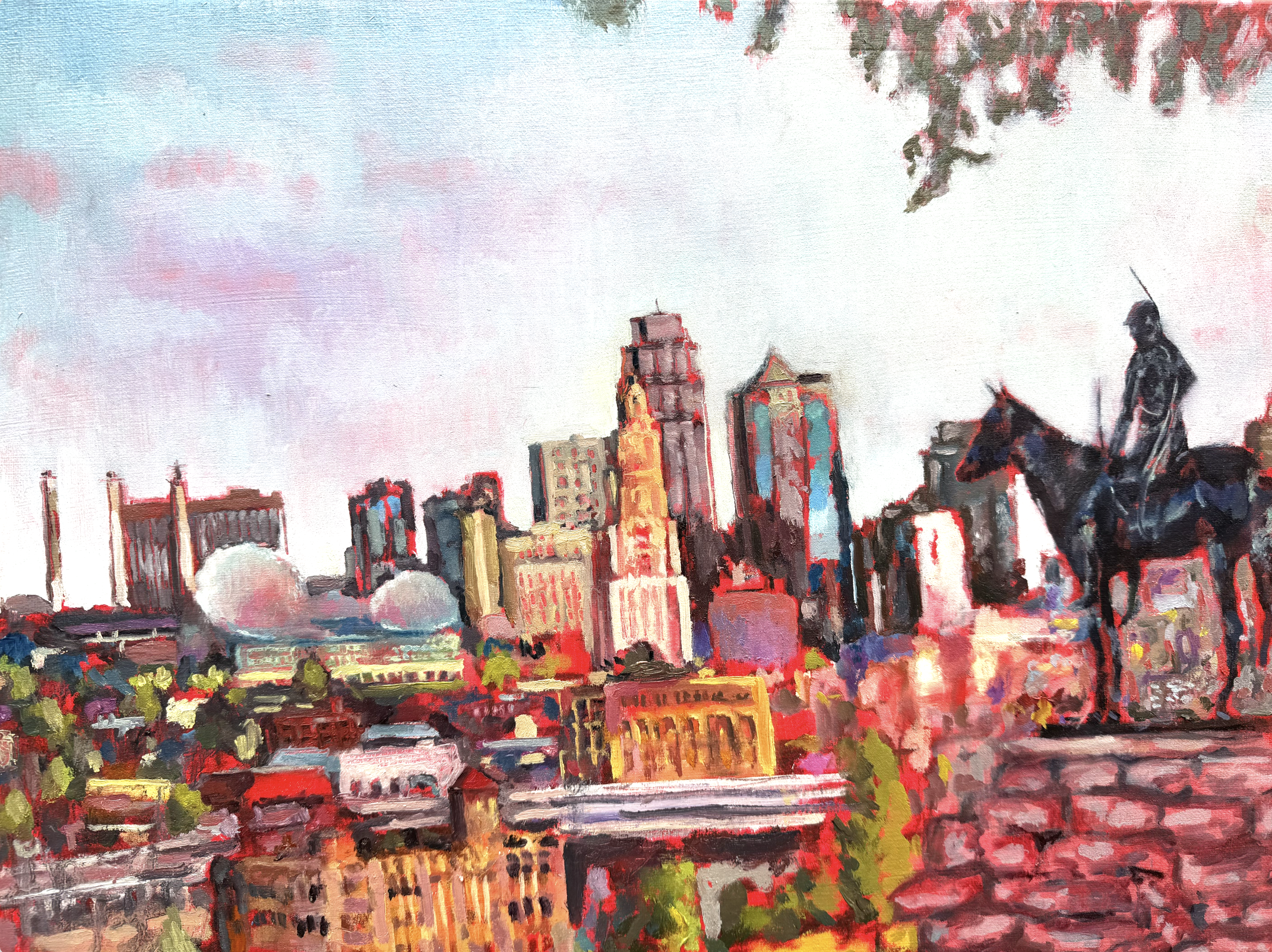 A watercolor painting of a cityscape with colorful buildings, trees, and a person riding a horse in the foreground, under a sky with light clouds and some pink and blue hues.