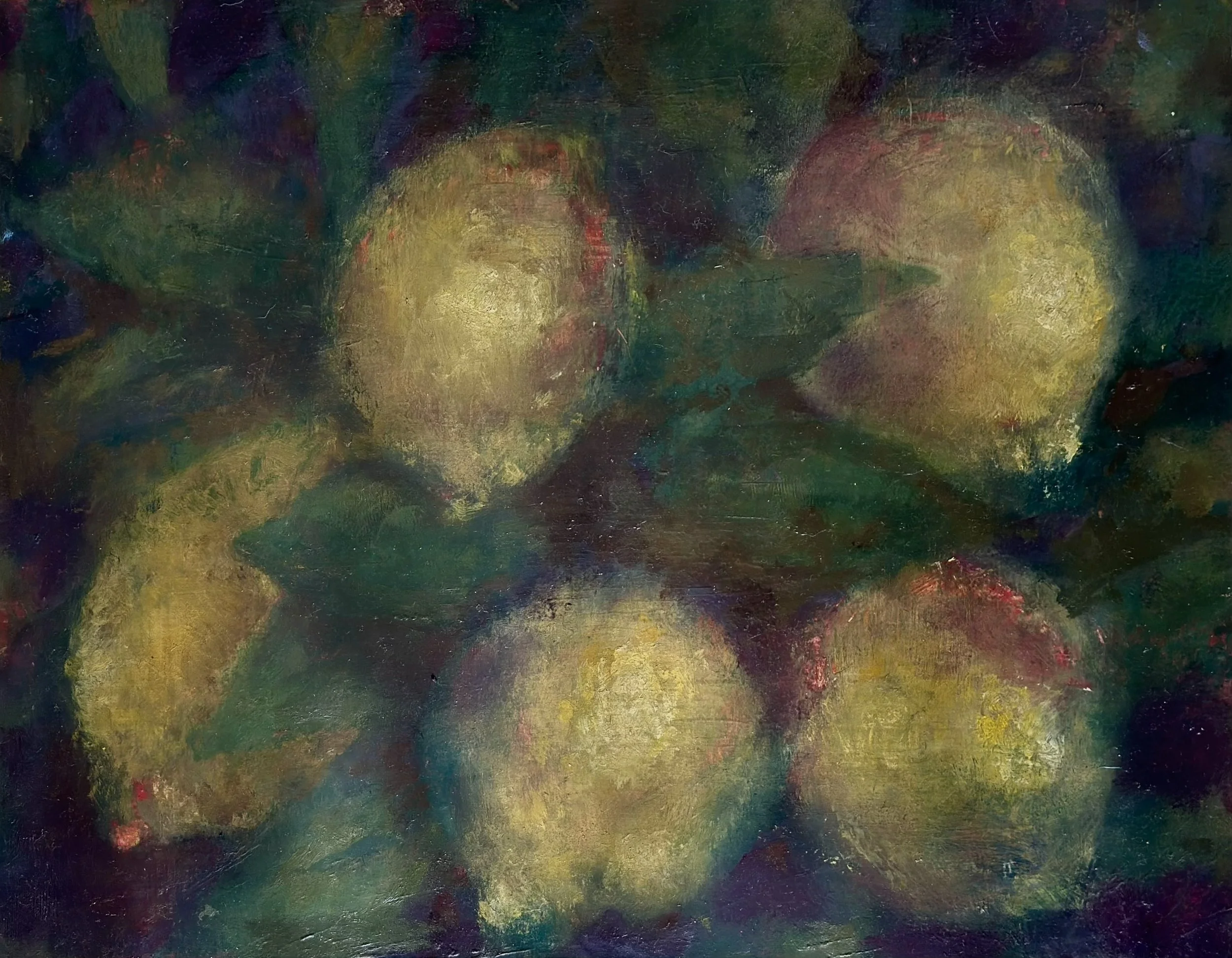 Abstract painting with dark green, yellow, purple, blue, and red brushstrokes.