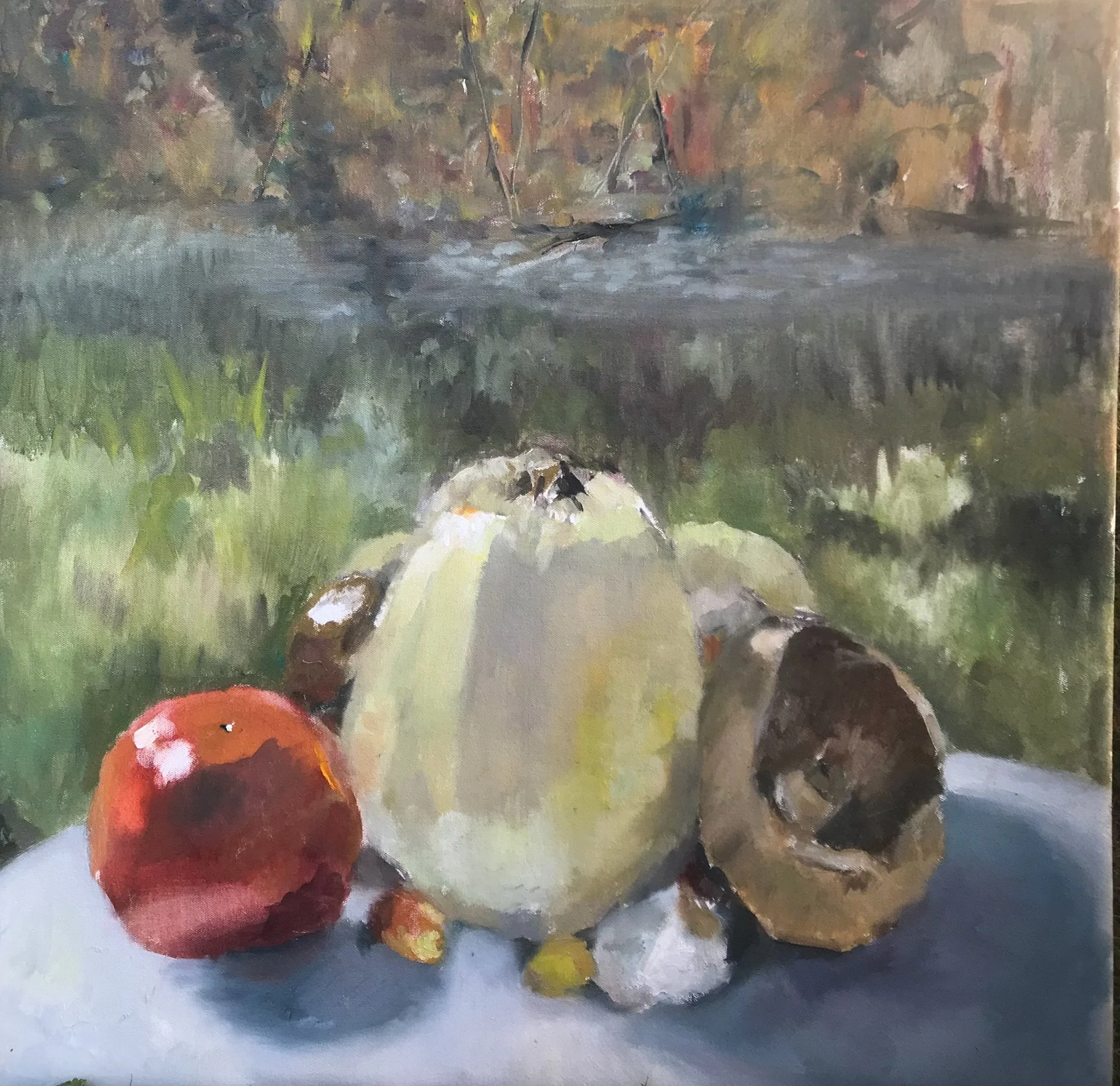 An oil painting of vegetables in a field near a pond, with trees in the background.