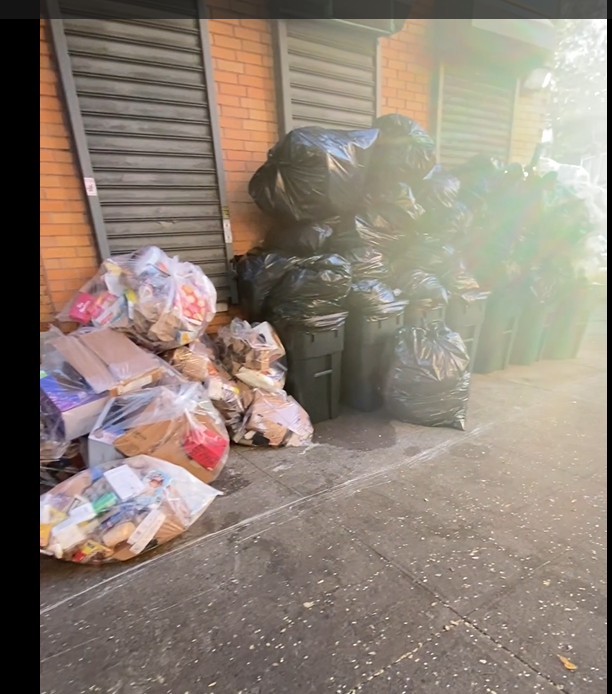Piles of trash bags filled with garbage next to a brick wall, some bags are transparent showing contents like paper and plastic, with sunlight creating a glare on the image.