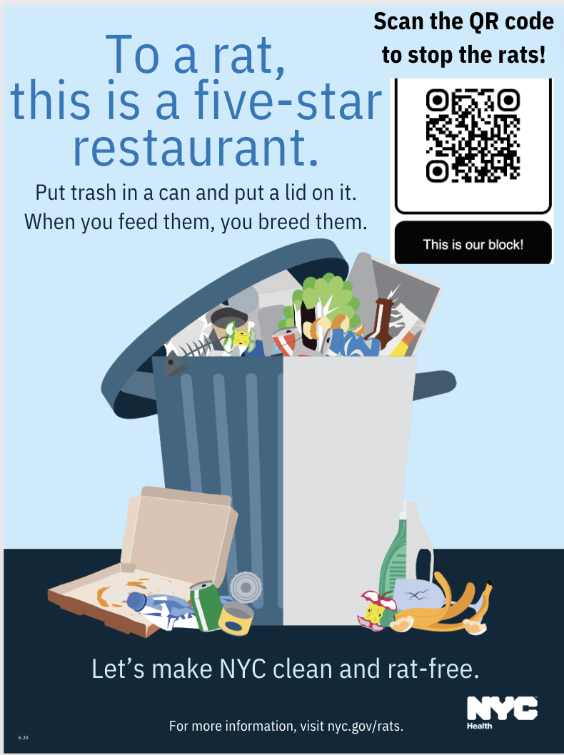 An informational poster promoting trash disposal and feeding rats to prevent rats in NYC. Contains a trash can overflowing with garbage, a pizza box and cans on the floor, and rats. Features a QR code for more information and a message encouraging NYC to be clean and rat-free.