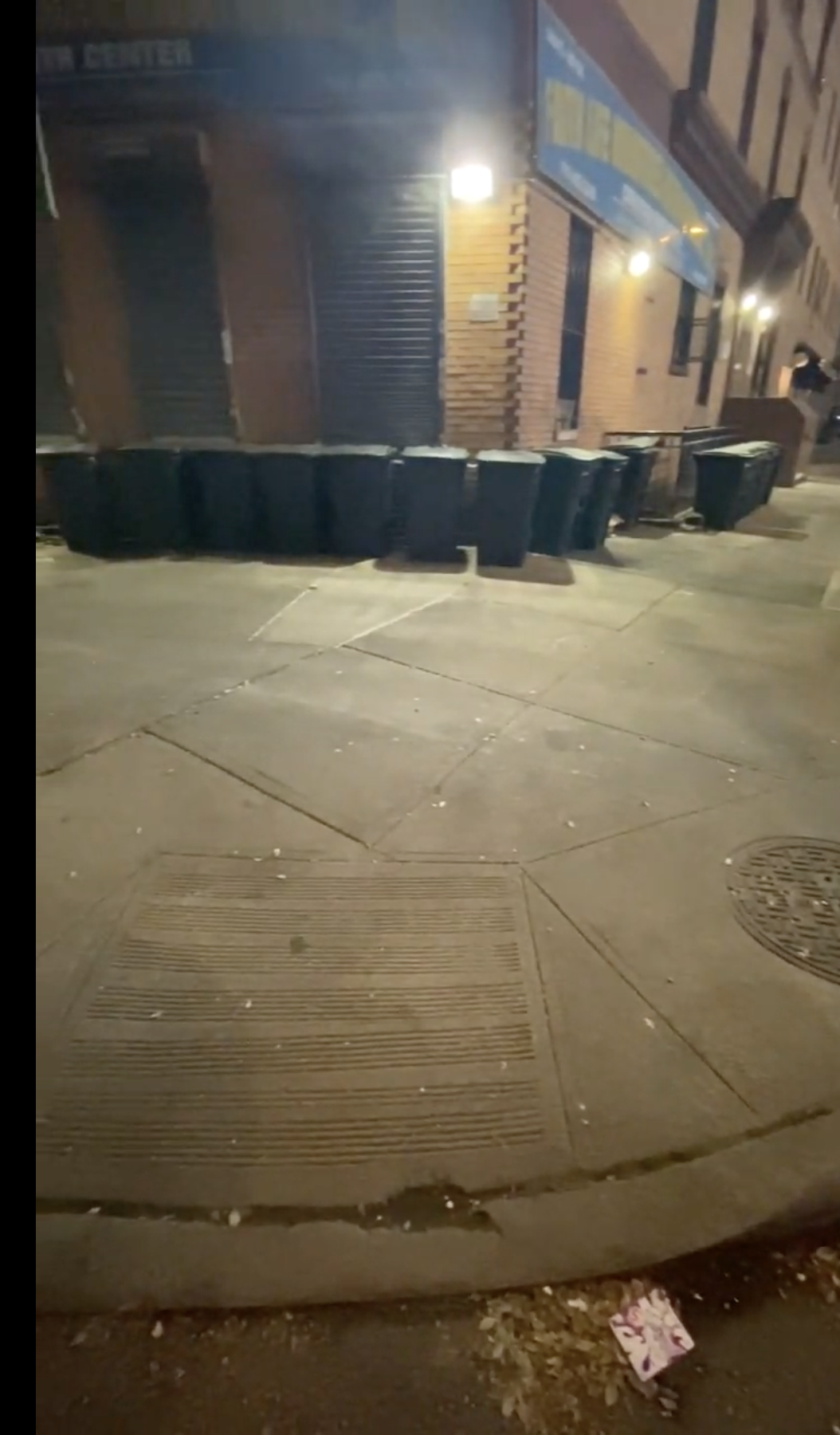 Nighttime city sidewalk with a row of black trash cans lined up against a brick building, illuminated by exterior lights.