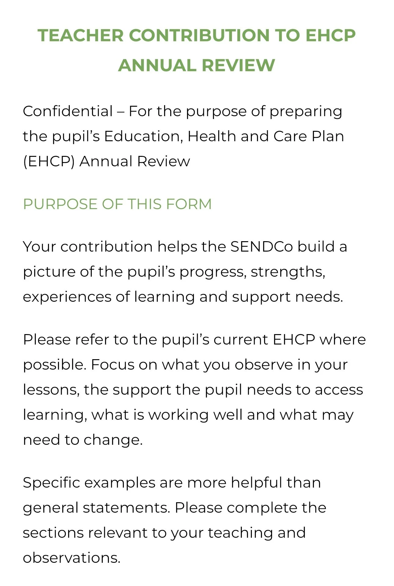 EHCP Annual Review: Teacher Contribution Form