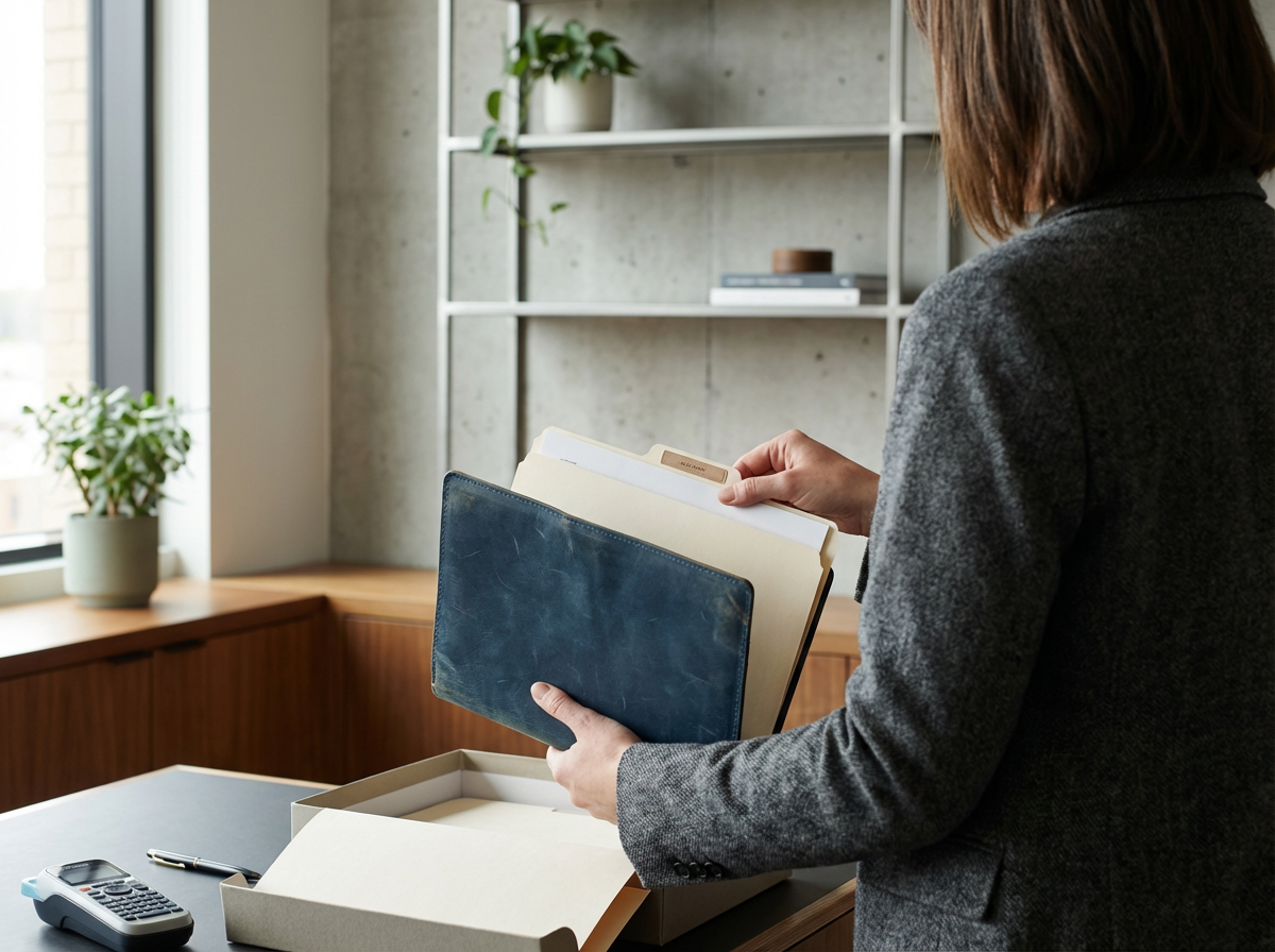 A woman in a gray blazer holding a blue leather folder and a manila folder inside a cardboard box, in an office setting with a window, potted plants, shelves, a calculator, and a pen on the desk.