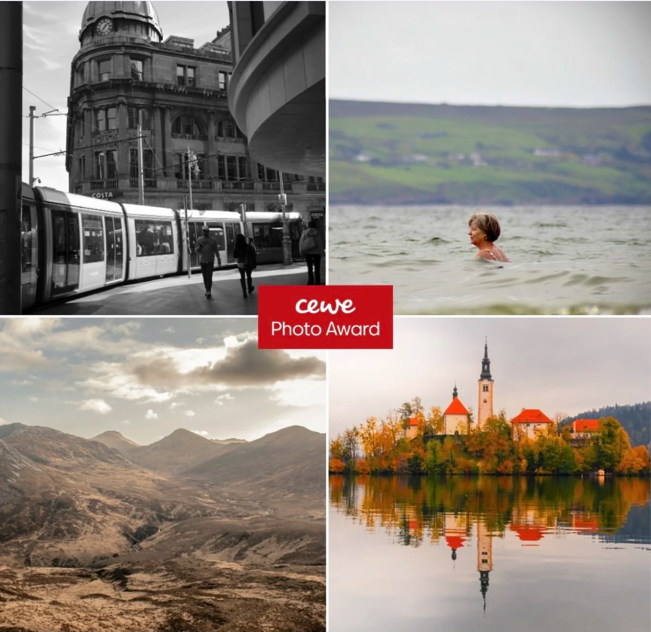 A collage of four landscape and cityscape photographs with a red label in the center that reads 'cewe Photo Award.' The top left photo shows a city scene in black and white with a tram, pedestrian traffic, and historic buildings. The top right photo captures a woman swimming in a lake with a hilly landscape in the background. The bottom left photo depicts a mountainous terrain with a cloudy sky. The bottom right photo features a picturesque church on a hill surrounded by colorful trees, with its reflection in the water below.