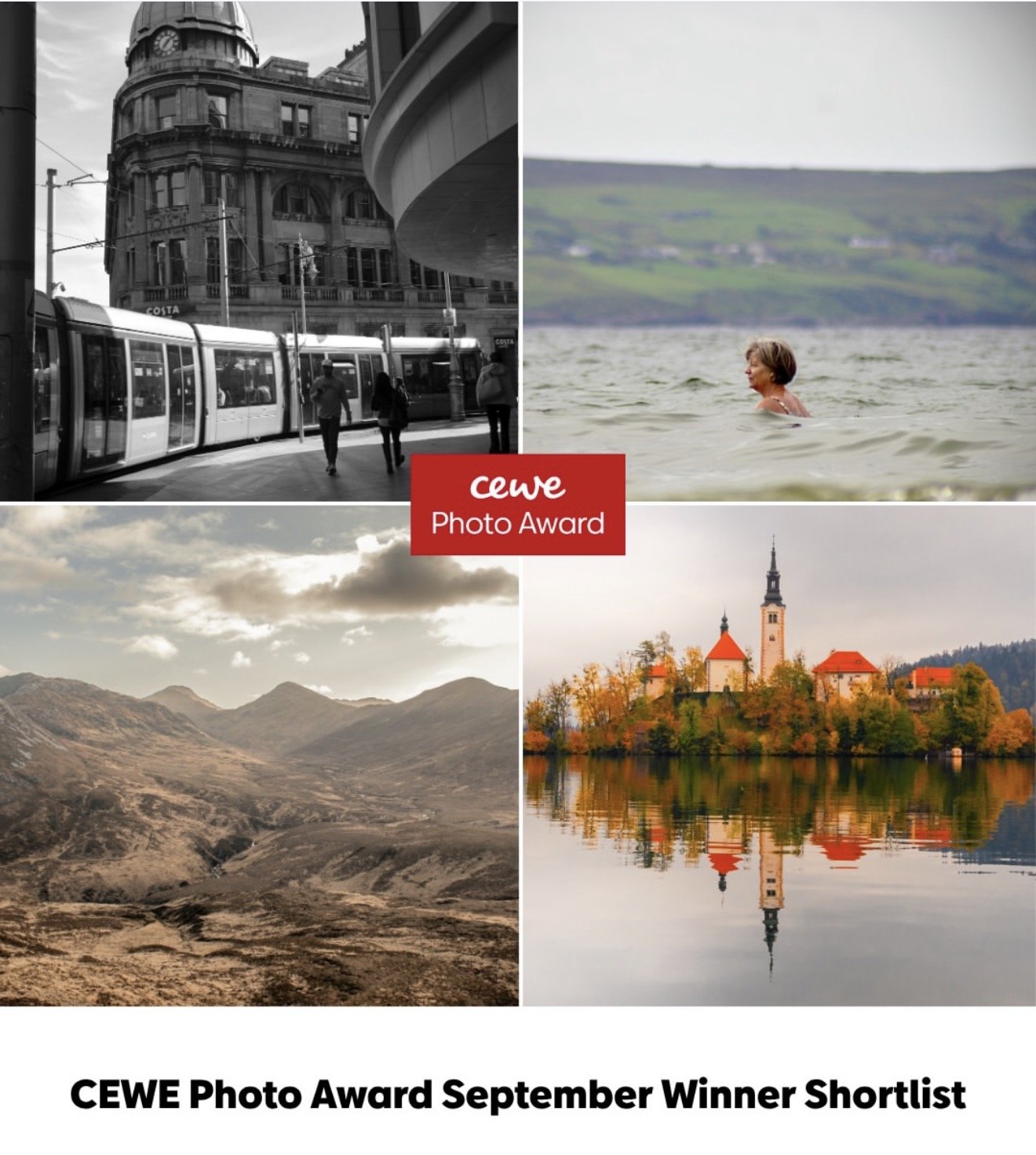 A collage with four landscape photographs and a red label in the center reading 'CEWE Photo Award'. The top left photo shows a city scene with a tram and historic buildings in black and white. The top right image showcases a woman swimming in a lake 