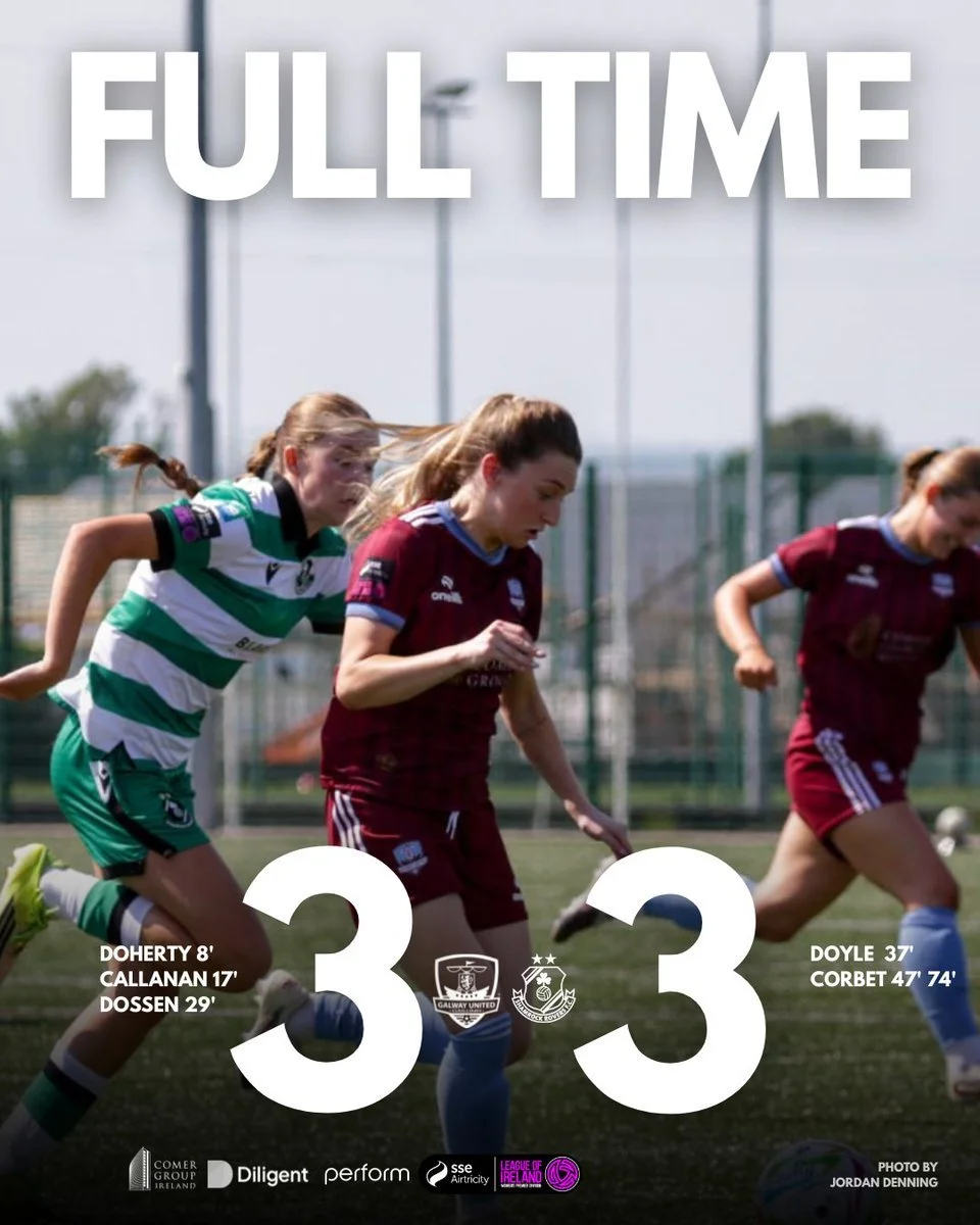 Soccer match scoreboard showing a 3-3 tie, with goal scorers and times: Doherty at 8 minutes, Callanan at 17 minutes, Dossen at 29 minutes for one team; Doyle at 37 minutes, Corbet at 47 and 74 minutes for the other team. Female players are running o