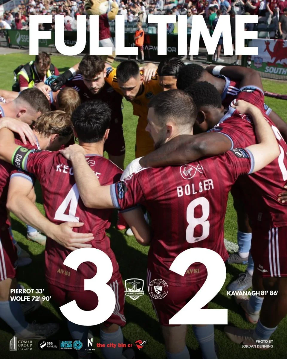 Soccer team huddled together on the field in a circle after a match. The score displayed is Galway United 3, Sunderland 2, with goal scorers and times listed. The word 'FULL TIME' appears at the top, and team logos are visible at the bottom.