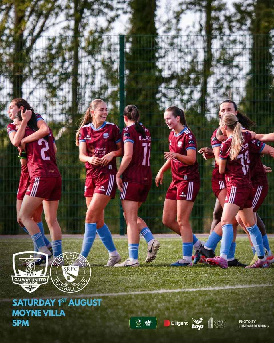 Girls' soccer team celebrating on the field during daytime, with team logos and event details at the bottom for a match between Galway United and Sligo Rovers.