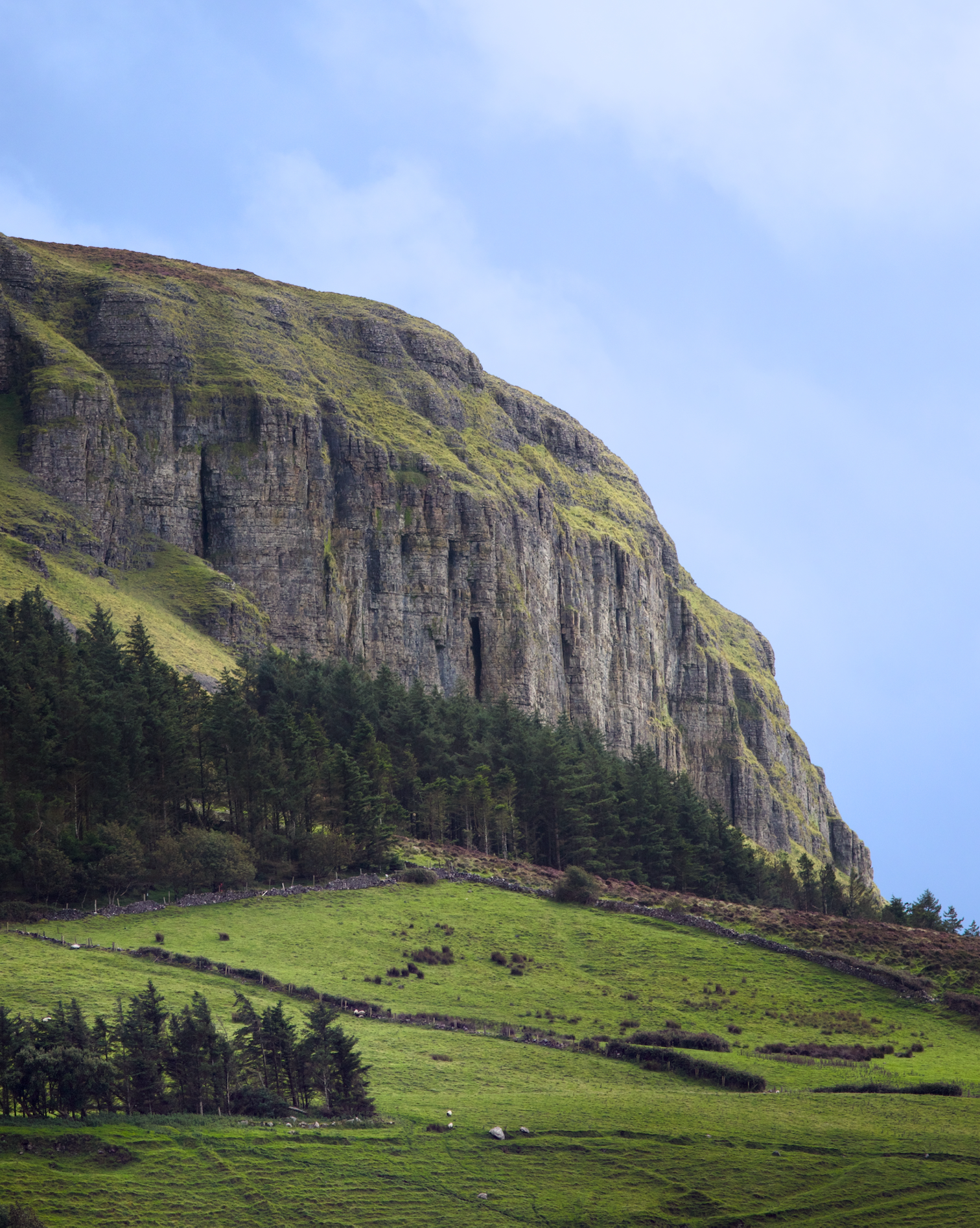 A lush green hillside with trees and grass leading up to a rugged, moss-covered mountain with vertical cliffs, under a partly cloudy sky.