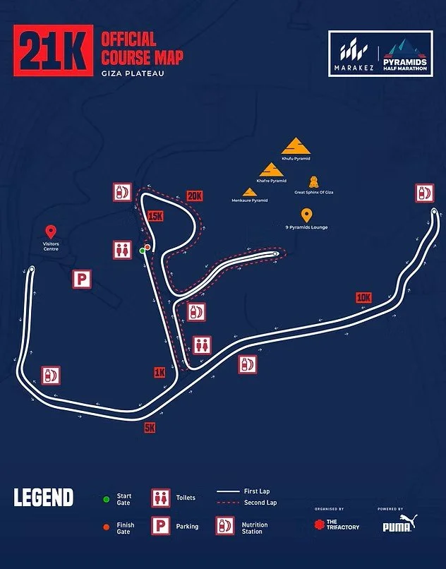Map of the 21K race course at the Giza Plateau, showing the route with distance markers at 5K, 10K, 15K, and 20K, including locations for water stations, toilets, parking, nutrition stations, start and finish gates, and the 9 Pyramids Lounge, with the pyramids depicted in the upper right corner.