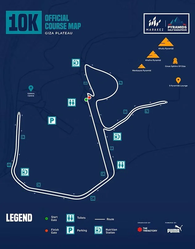 Official 10K course map for the Giza Plateau showing route, start and finish gates, toilets, parking, nutrition stations, and landmarks including pyramids.