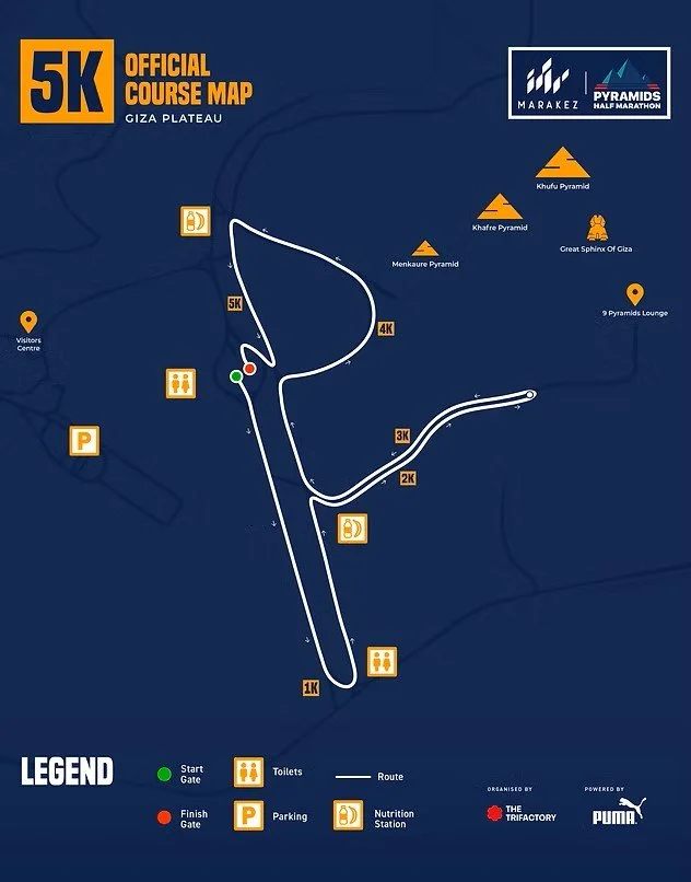 Map of a 5K race course at Giza Plateau, showing routes from start to finish with markers for water stations, toilets, parking, and nutrition stations, along with nearby pyramids.