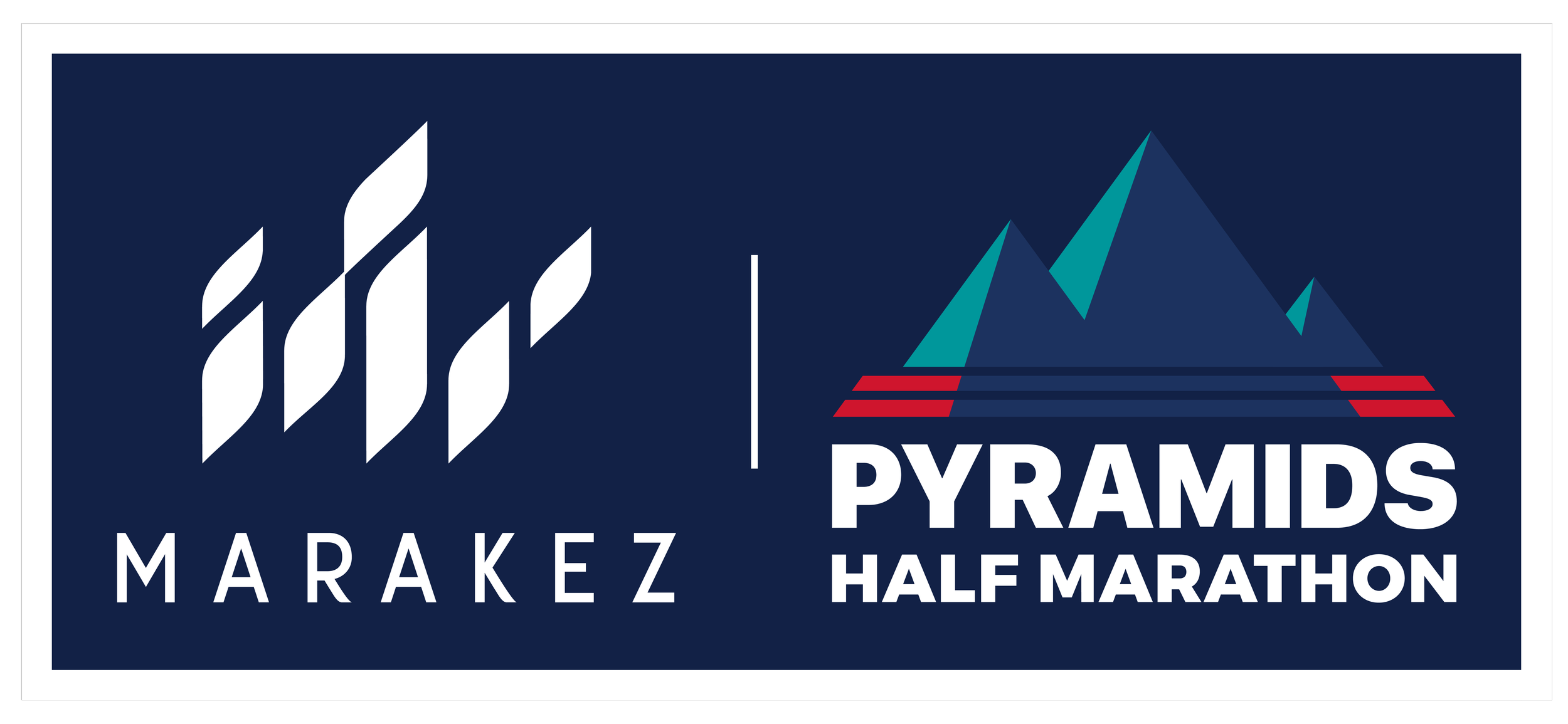 Logo for the Marakez Pyramids Half Marathon featuring stylized pyramids and mountains with a navy blue background.