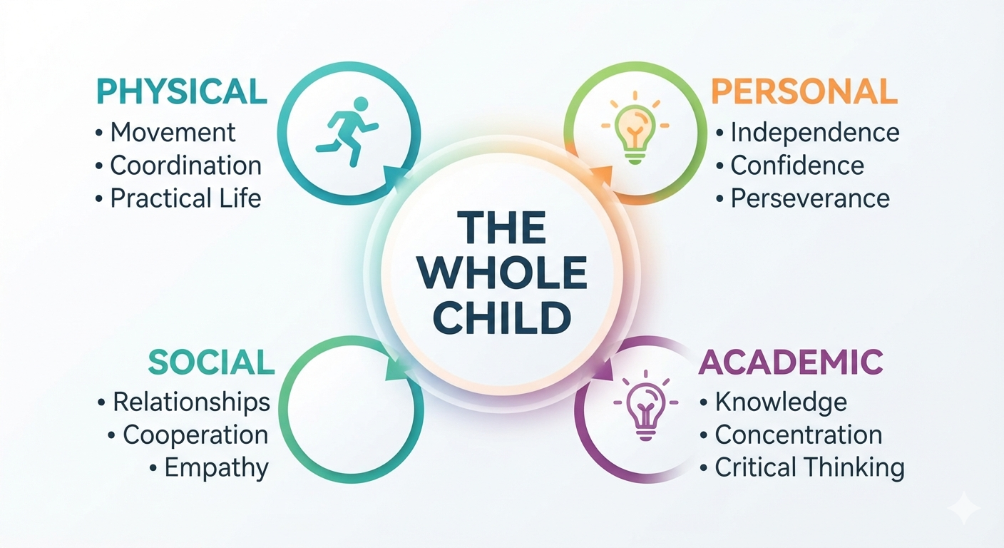 Infographic titled "The Whole Child" with four sections: Physical, Social, Personal, and Academic, each listing related qualities and skills.