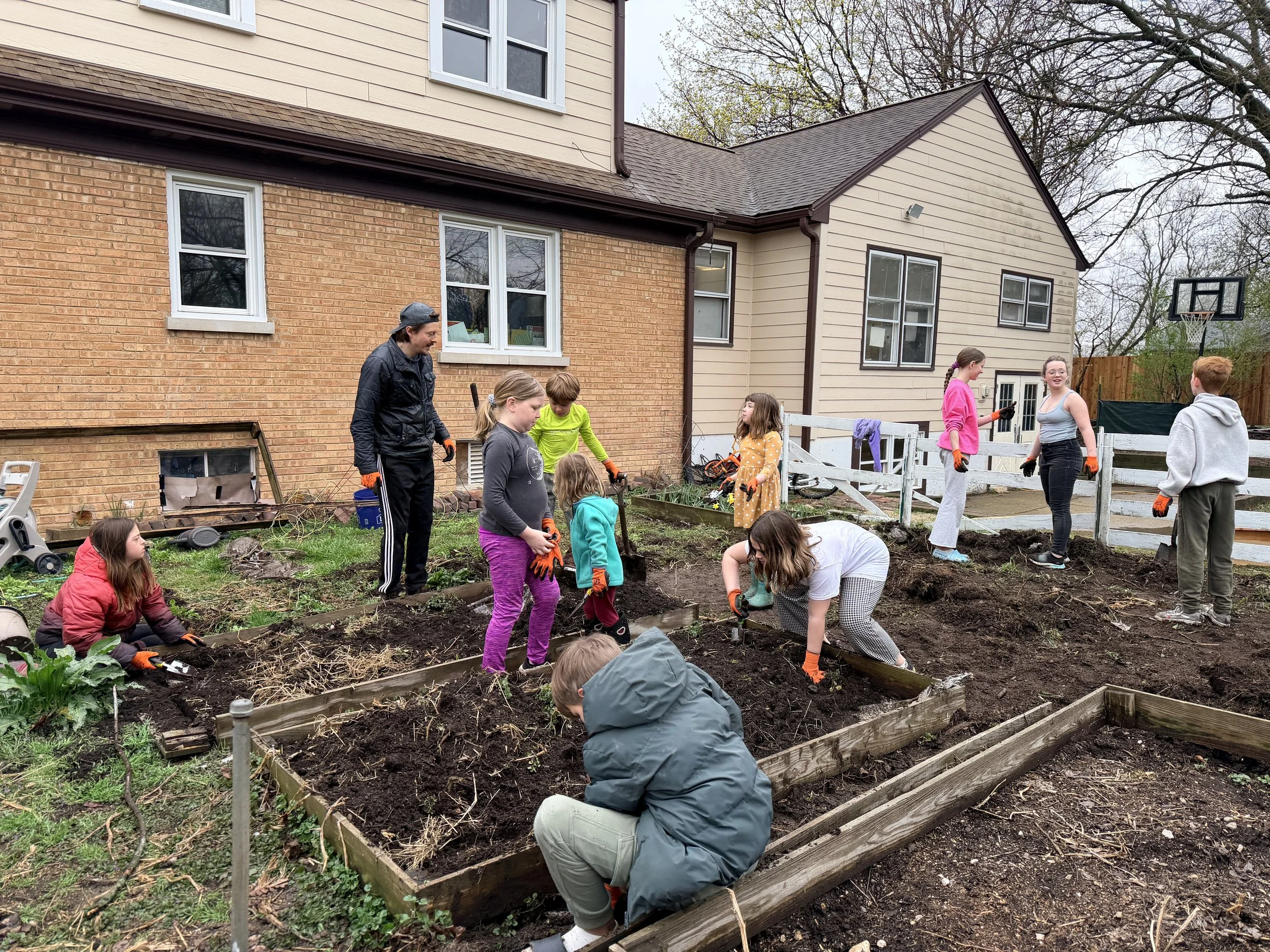 People working together planting a garden in a backyard, some kneeling and some standing, with tools and gloves in hand.