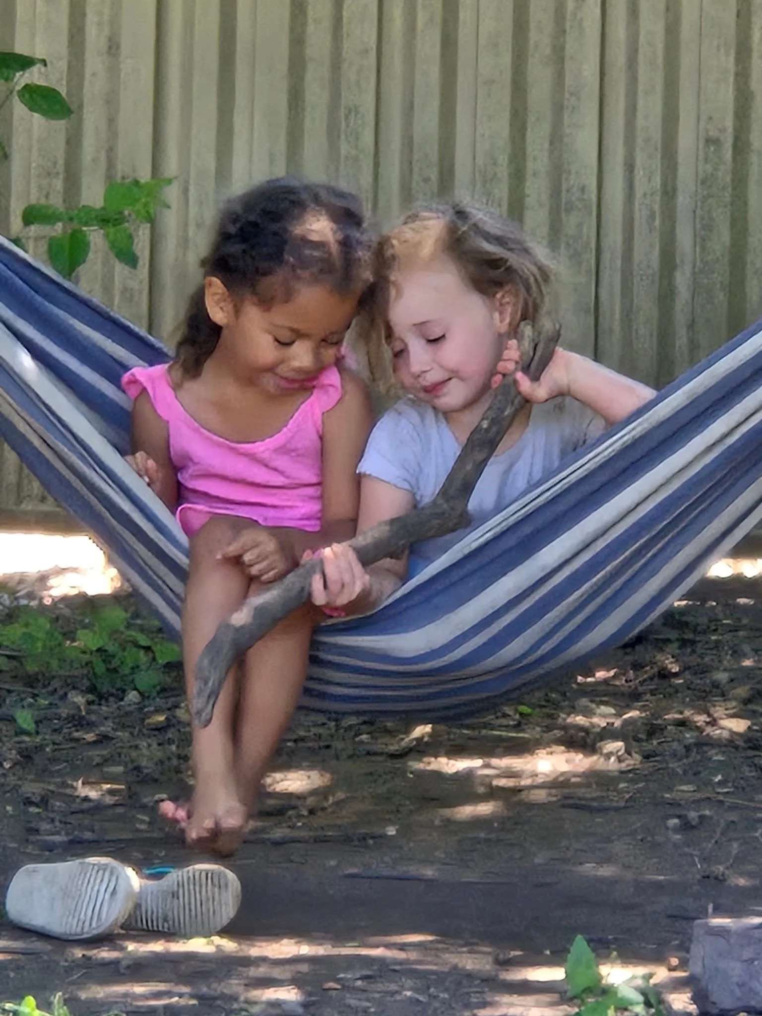 Two children, a girl with curly hair wearing a pink shirt and a boy with blond hair wearing a gray shirt, sitting together in a hammock in a backyard, with a wooden fence behind them and a branch resting on their laps.