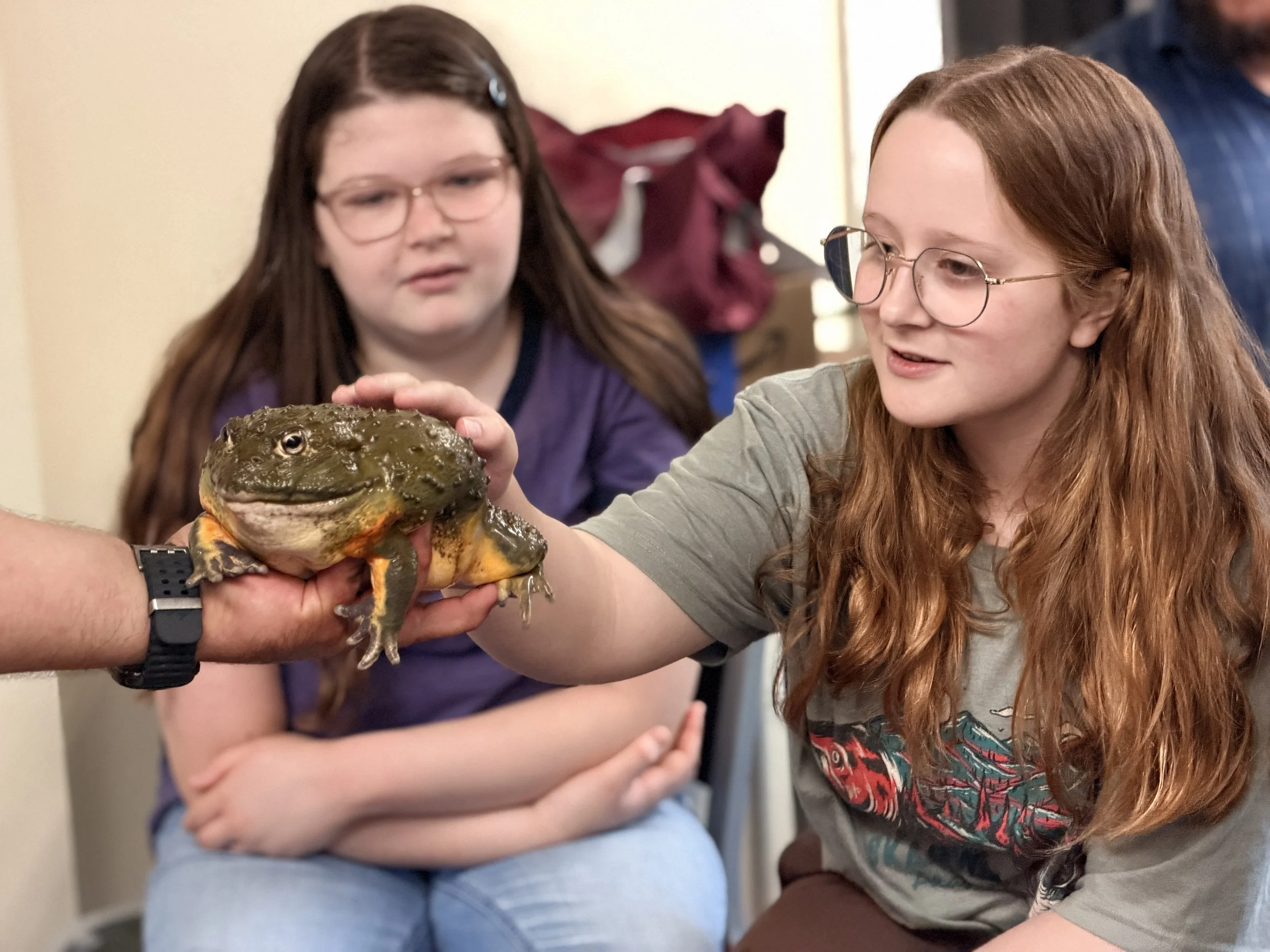 Two girls with glasses looking at a frog being held by someone. The girl on the right has red hair and a graphic T-shirt. The other girl has long brown hair and is wearing a purple shirt. The frog appears wet and is being examined closely.