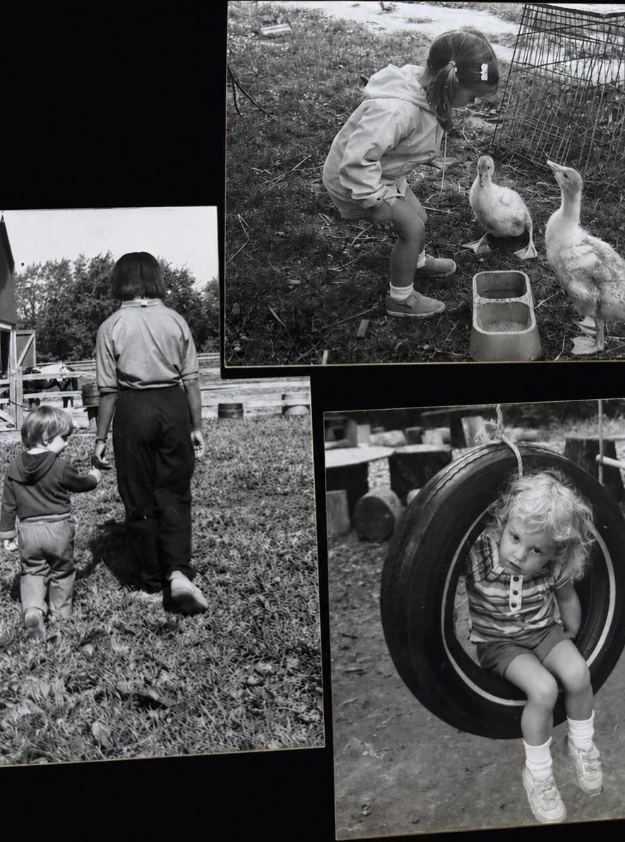 Collection of black-and-white photos of children outdoors engaging in activities at a playground or farm setting.