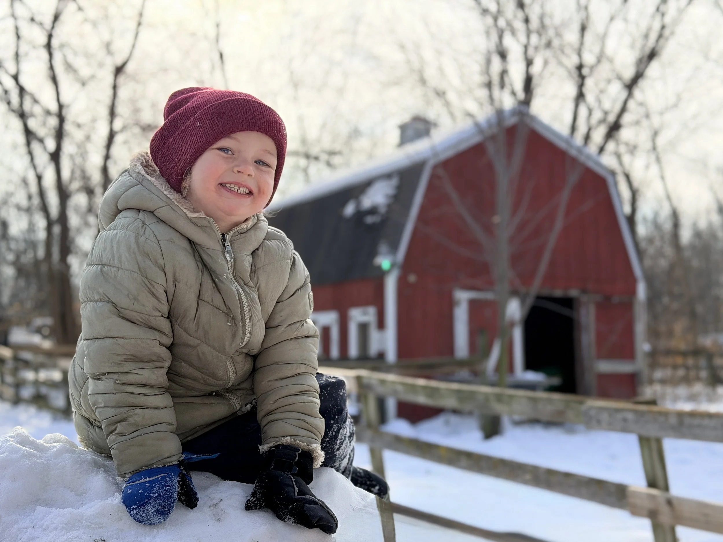 A young child in a beige winter coat and a maroon knit hat sitting on snow, with a red barn and trees in the background.