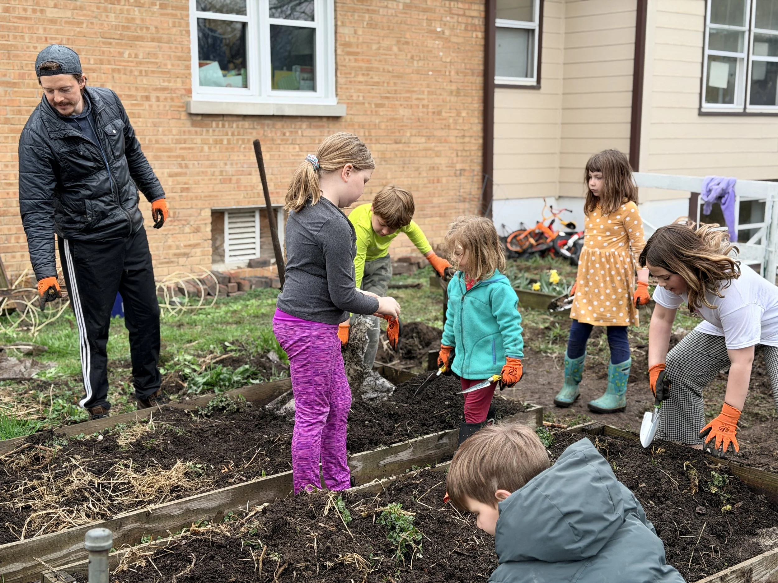 A group of children and two adults planting young plants or seedlings in a garden bed in a backyard, with a brick house and windows in the background.