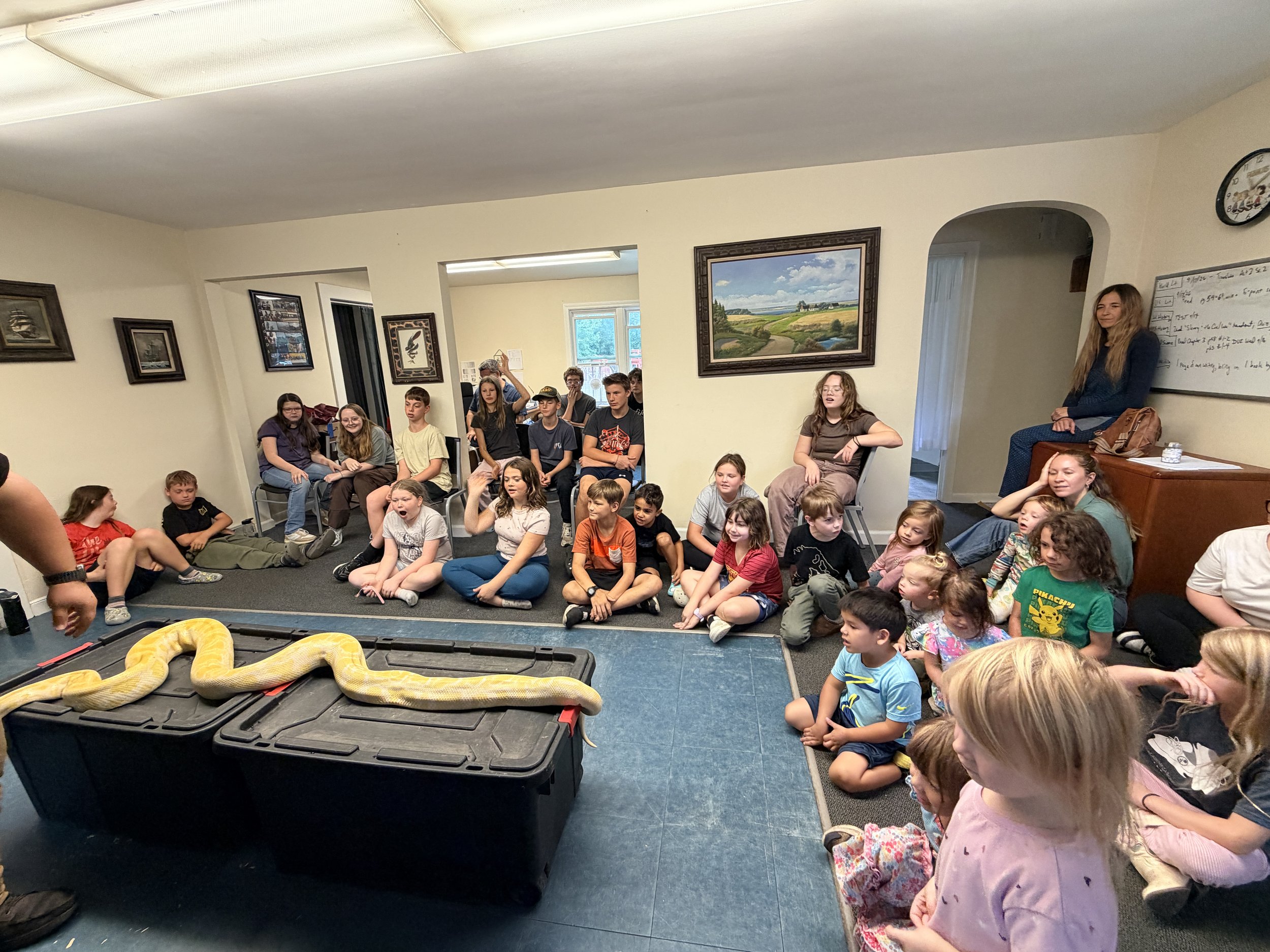 Group of children and teenagers sitting on the floor and chairs in a room, watching a snake on a black plastic container, with walls decorated with framed pictures and a landscape painting.