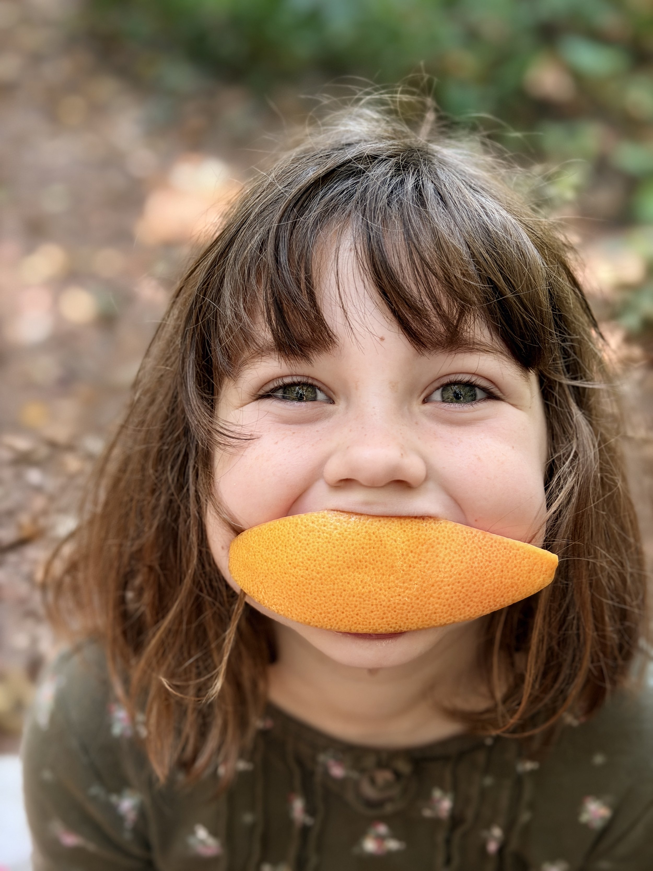 A young girl with brown hair and green eyes is smiling with her nose and mouth covered by an orange sponge.