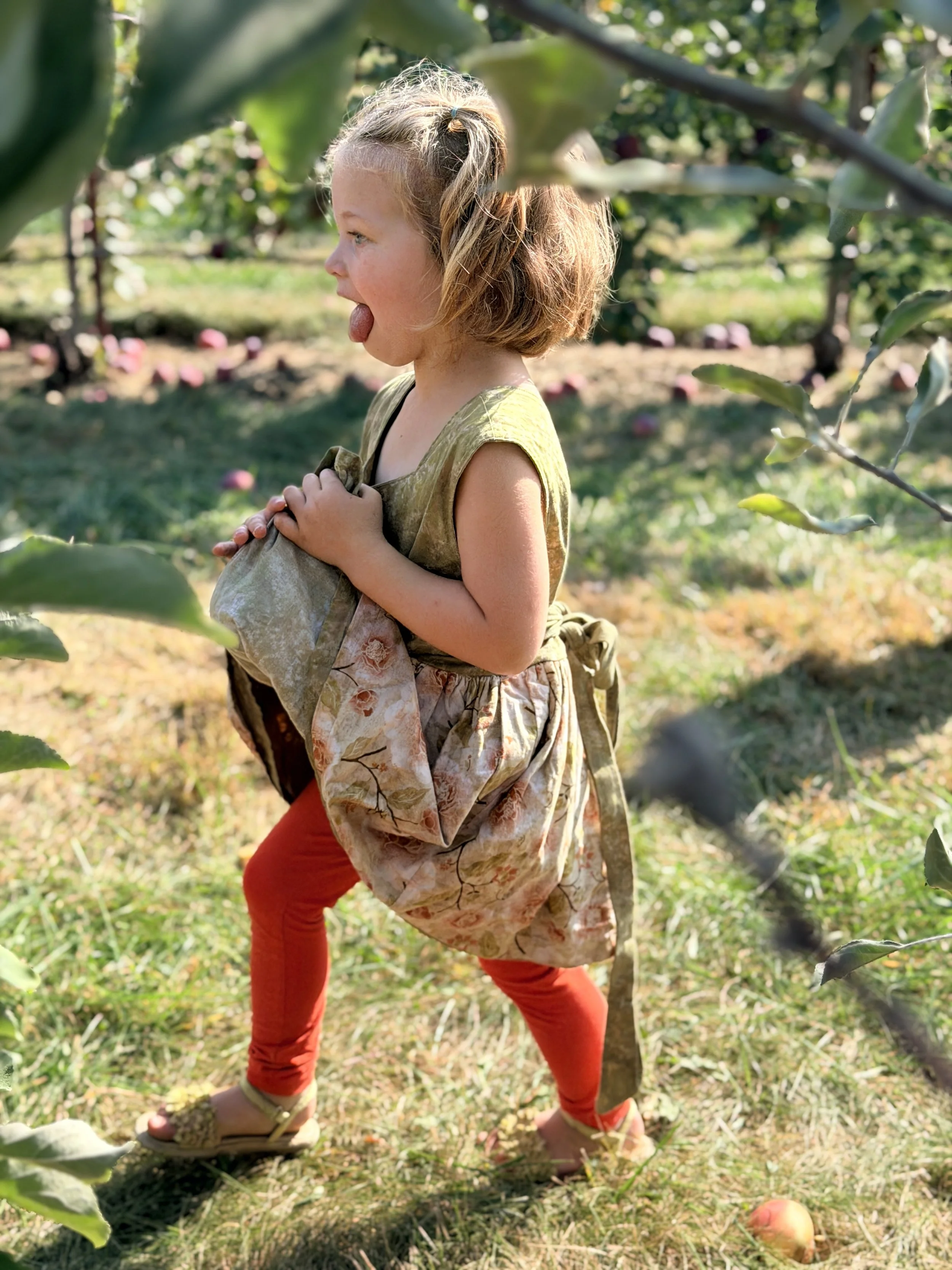 A young girl with light brown hair and wearing a floral dress and orange leggings, sticking out her tongue and holding an apple in an orchard among apple trees.
