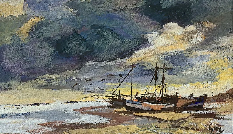 Edward Seago, gouache, sailboats painting