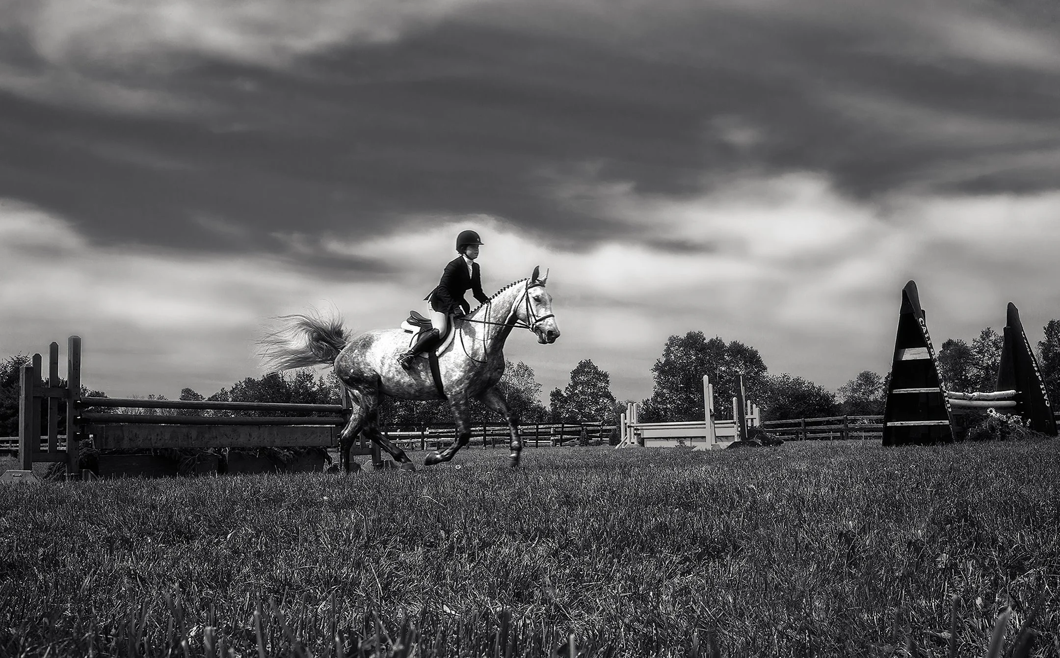 A person riding a horse on a grass field during a cloudy day, with equestrian jumps in the background.