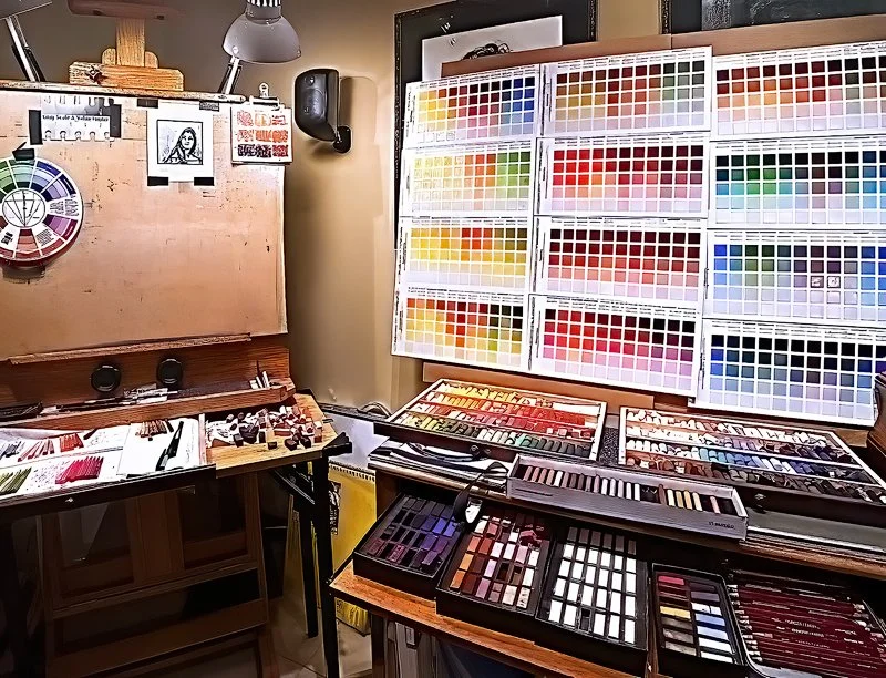 Artist's workspace with color swatches, paints, and drawing supplies on tables and shelves.