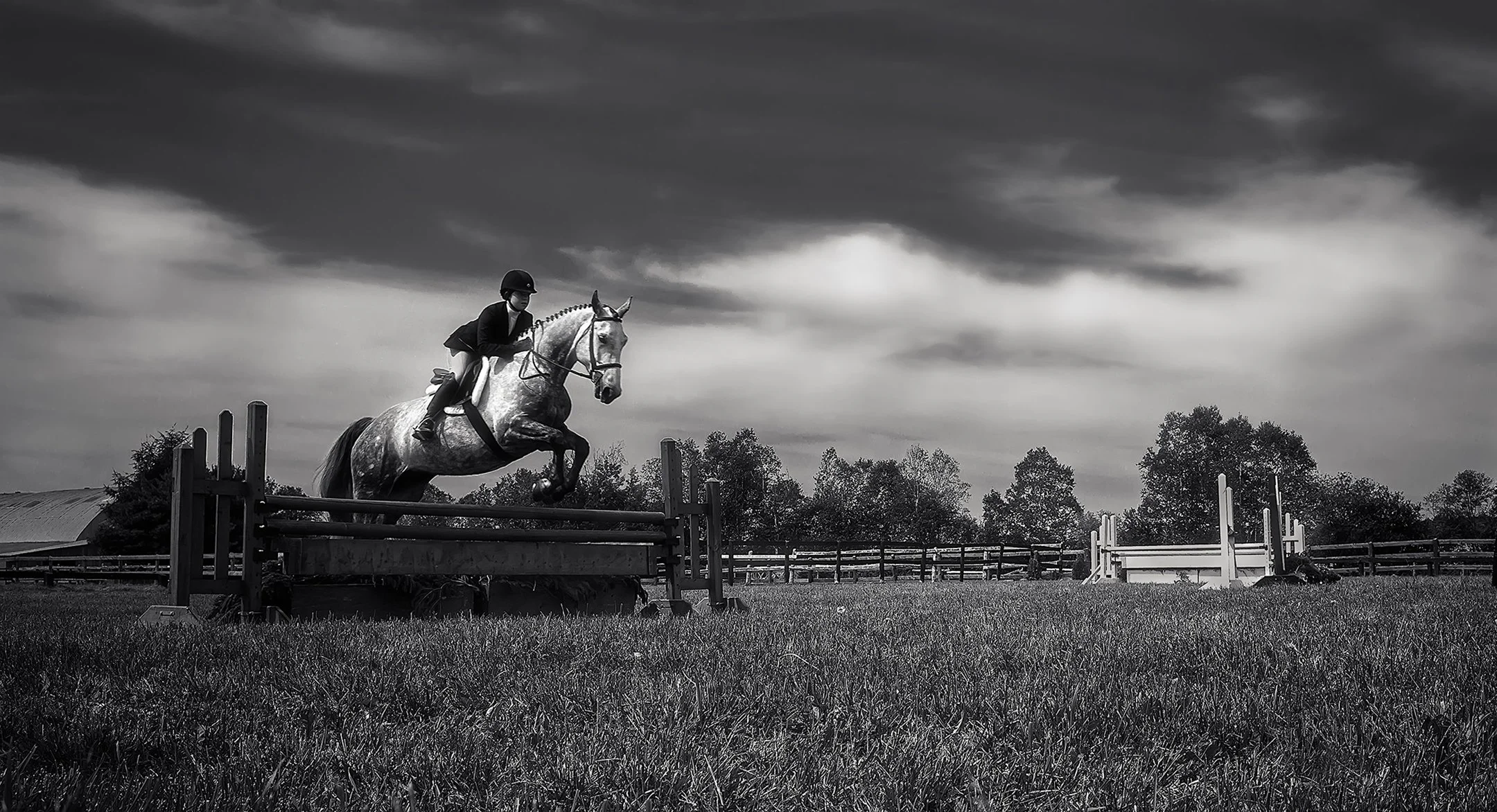 A person riding a horse in an equestrian jumping competition. The horse is jumping over an obstacle on a grassy field with a cloudy sky in the background.