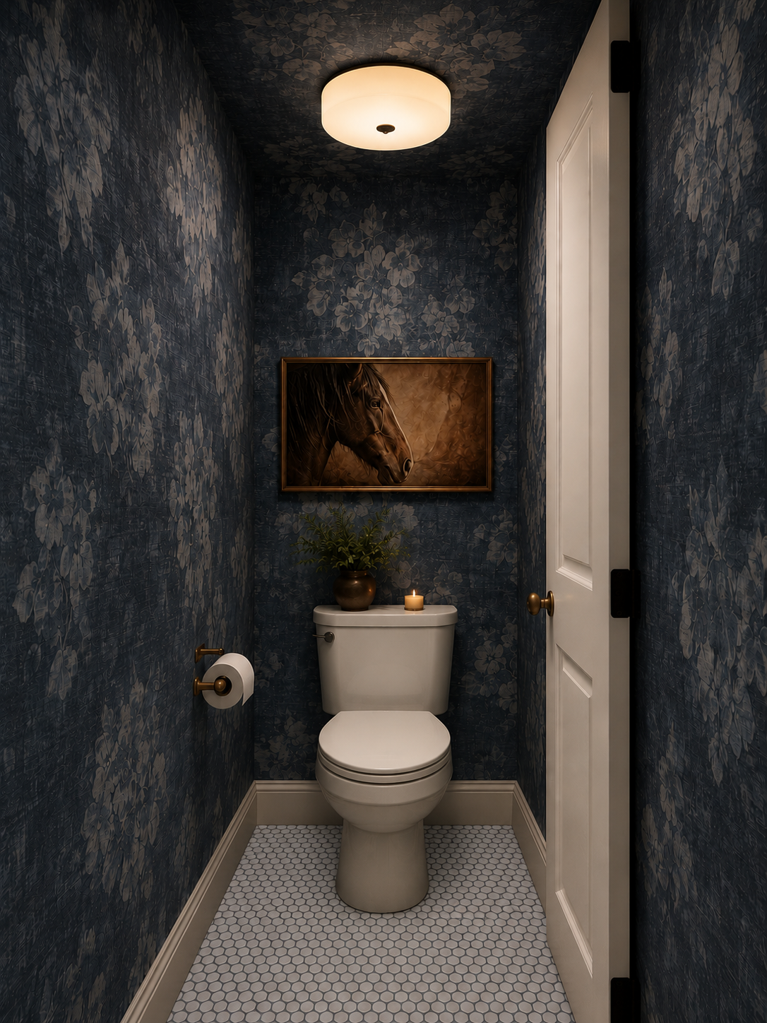 A small bathroom with dark floral wallpaper, a white toilet with a potted plant and candle on top, a framed horse portrait on the wall, a candle, a white door, and white hexagonal tile flooring.