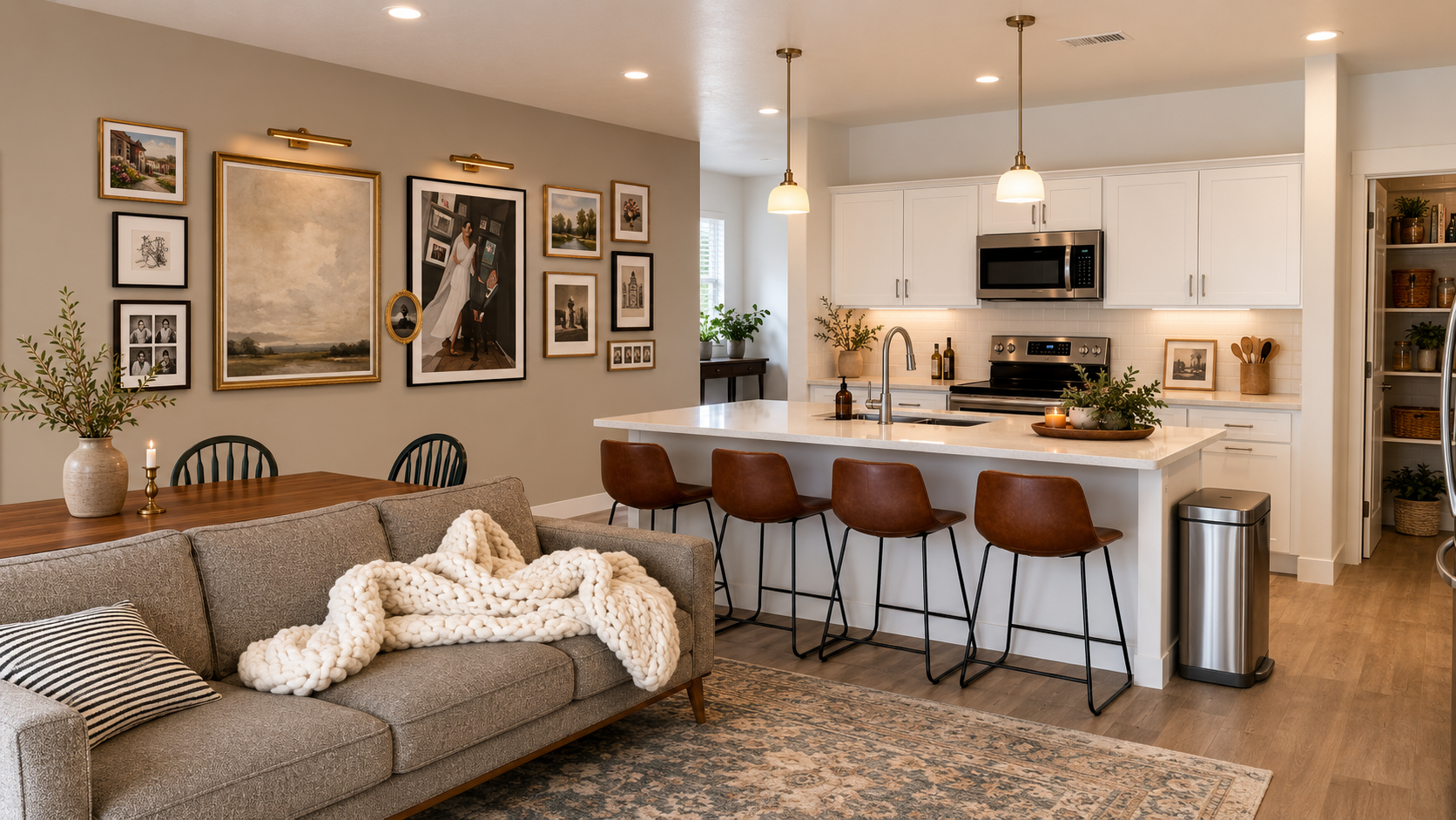Modern open-concept living room and kitchen with a beige couch, wall gallery of framed artwork, kitchen island with four brown chairs, white cabinets, stainless steel appliances, and decorative plants.