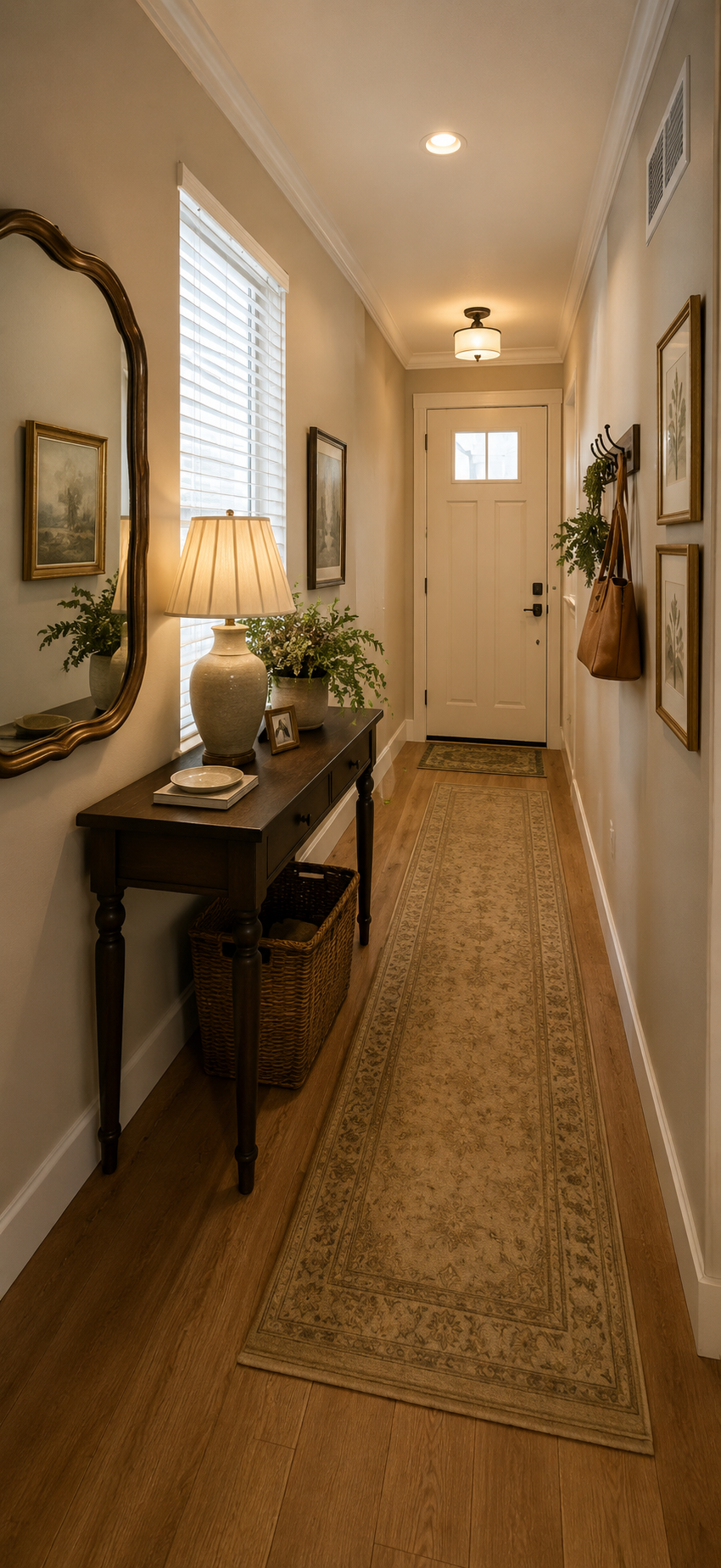 A narrow entryway with hardwood floors, a beige runner rug, a front door with a small window, a dark wood console table with a lamp, plants, and picture frames, a mirror on the left, and wall art on the right.