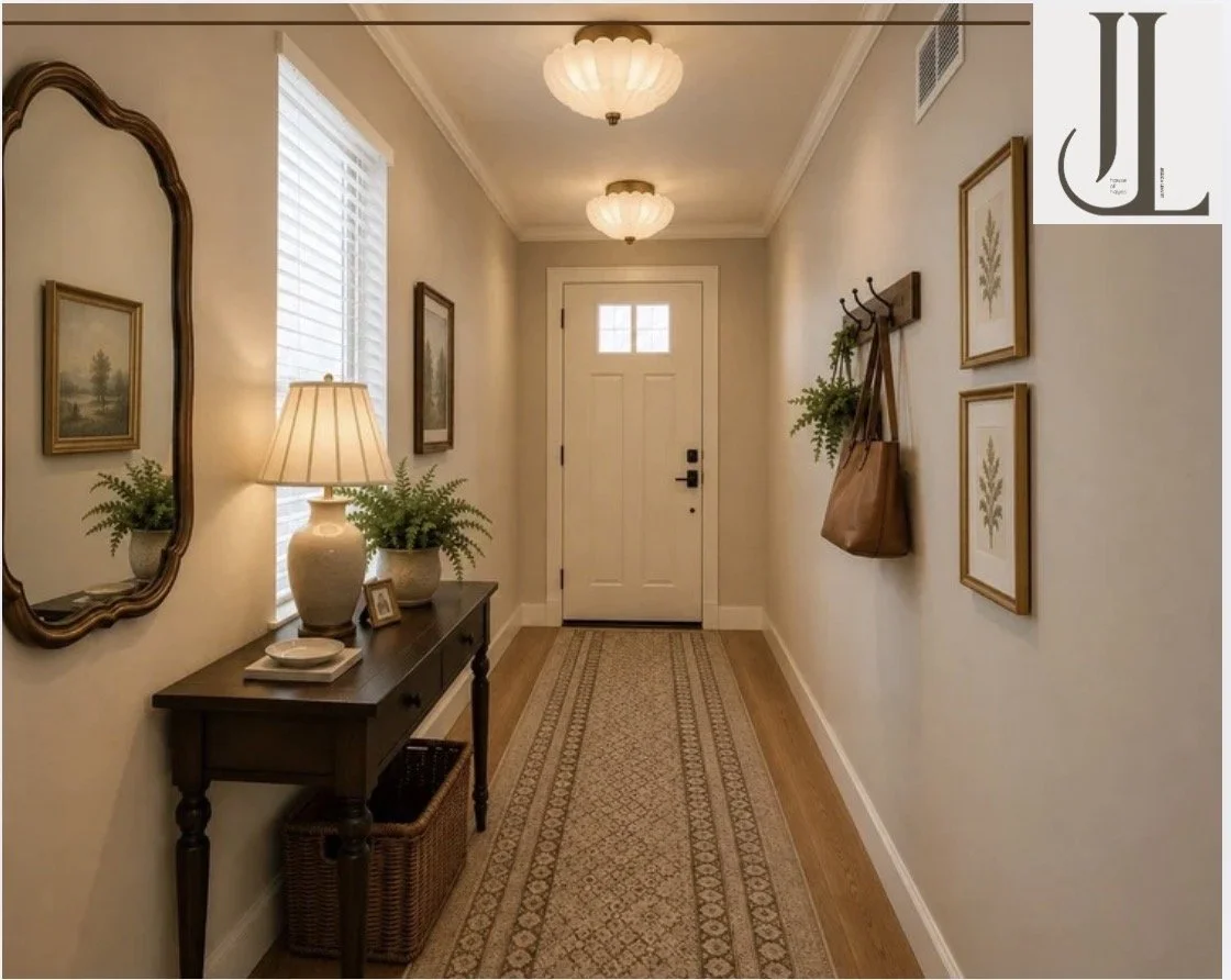 Entryway hallway with a white front door, hanging hooks with brown leather bag, framed artwork and decorative plant on the walls, a console table with a lamp, framed photo, and potted plant, a mirror, two ceiling lights, and a patterned runner rug.