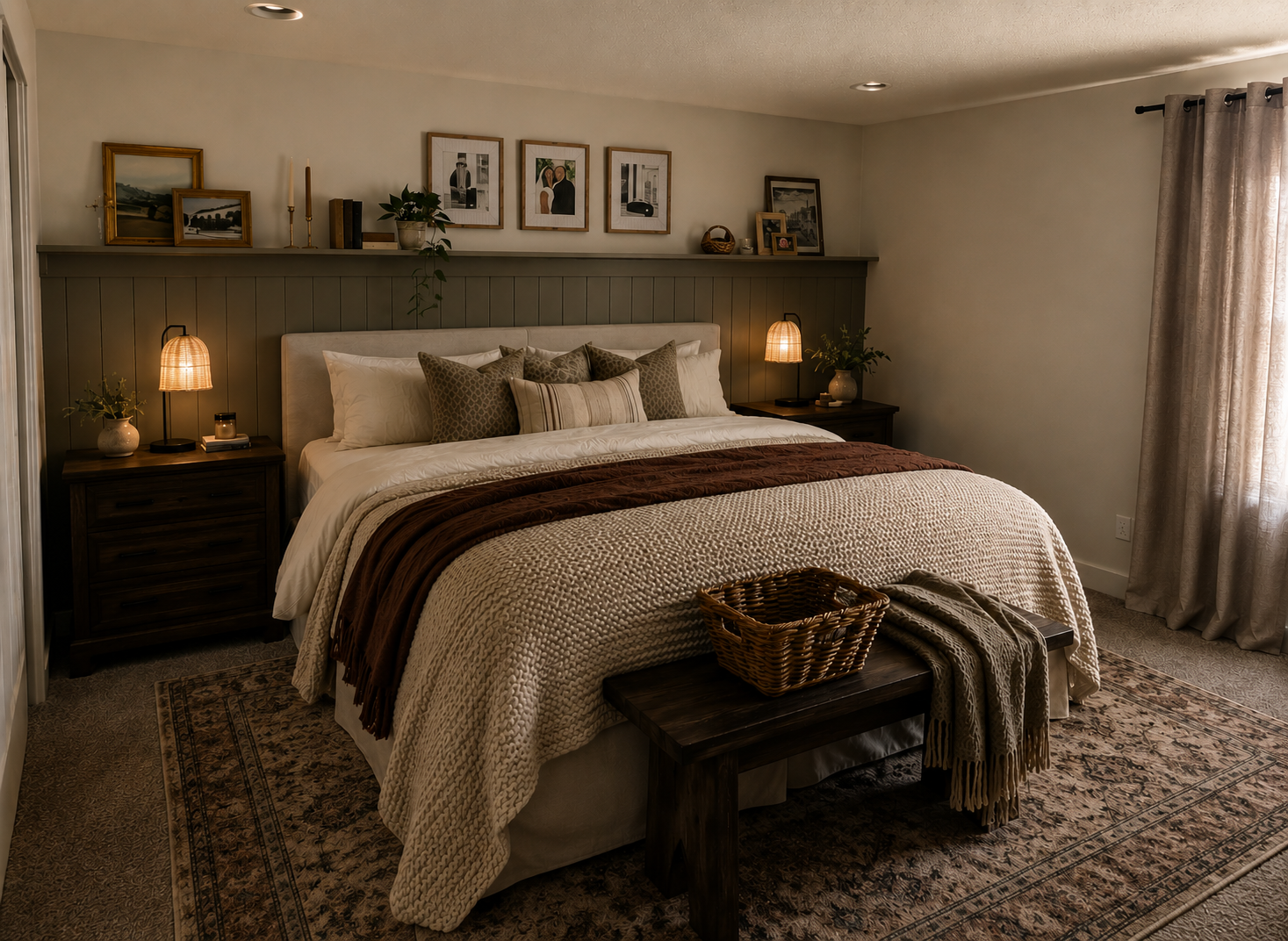 Cozy bedroom with a large bed, multiple pillows, and warm lighting from bedside lamps. Decor includes framed artwork, plants, and a woven basket on a wooden bench at the foot of the bed. Curtains cover a window, and a patterned rug covers the floor.