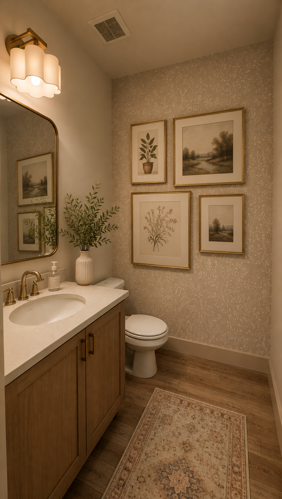 Small bathroom with a wooden vanity, gold fixtures, a large mirror, a potted plant, five framed botanical and landscape art pieces on the wallpapered wall, a beige and cream rug, and a toilet.
