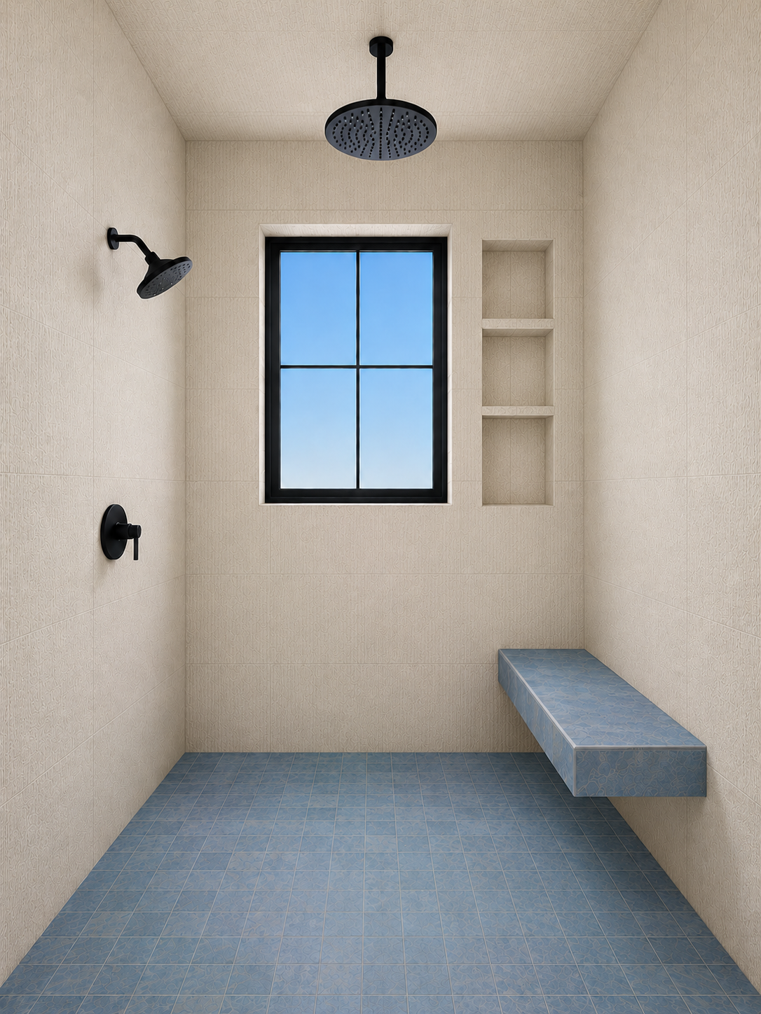 Empty shower with beige tiled walls, black showerheads, a window with black frame, and built-in shelves, with blue tiled floor and a blue bench.