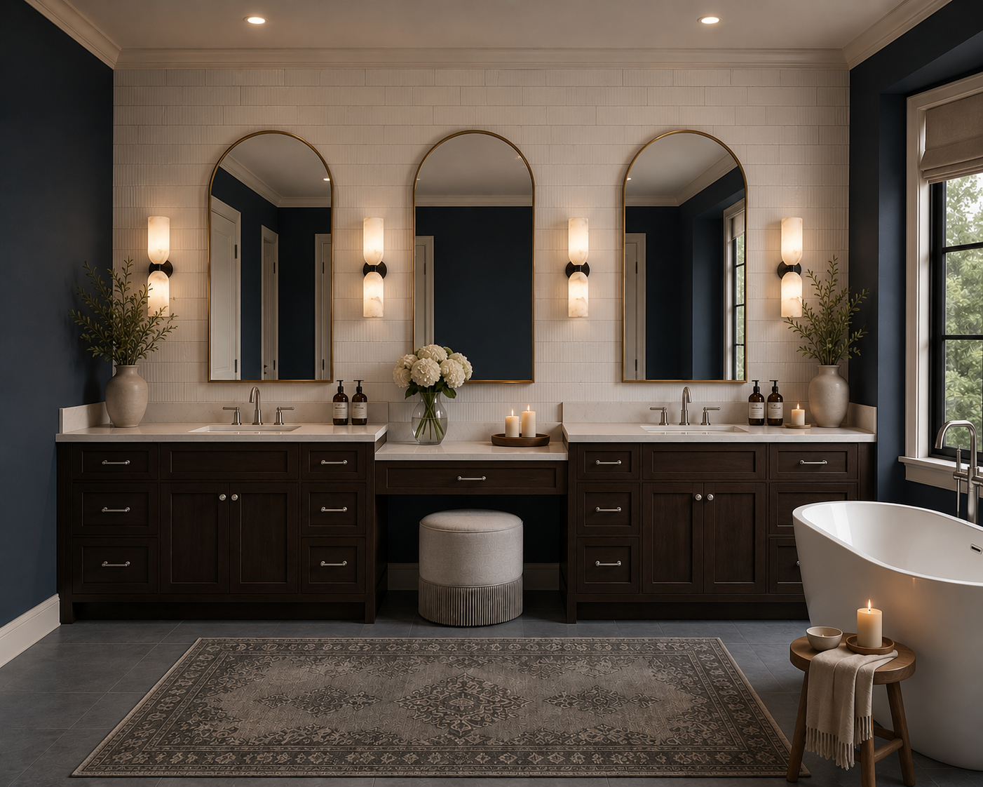 Modern bathroom with dark wood double vanity, large mirrors, white wall tiles, blue walls, potted plants, candles, and a freestanding bathtub near a window.
