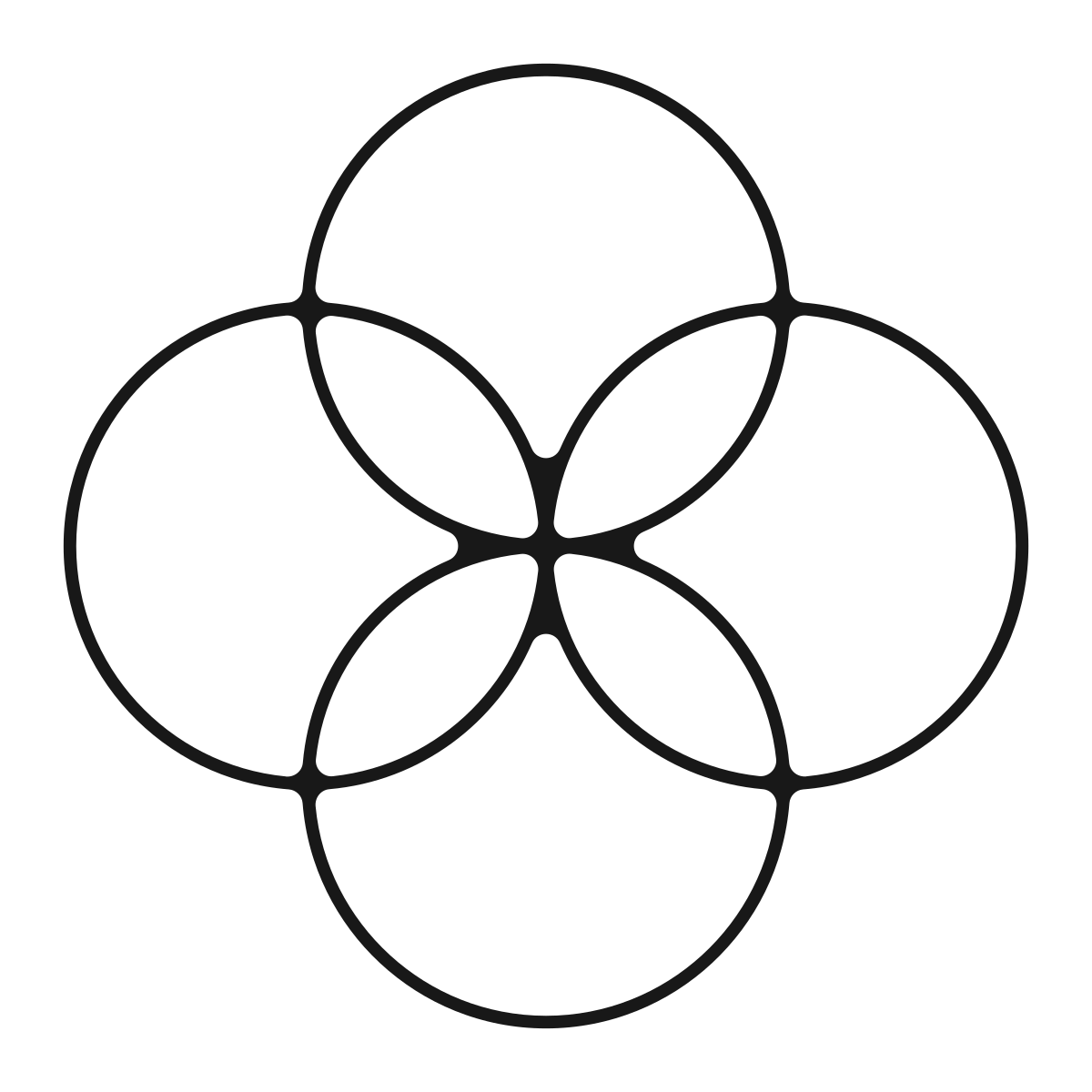 A diagram of Venn circles overlapping in black and white.