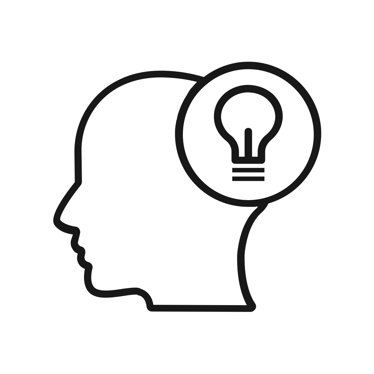 Line drawing of a person's profile with a lightbulb inside their head, representing ideas or thinking.