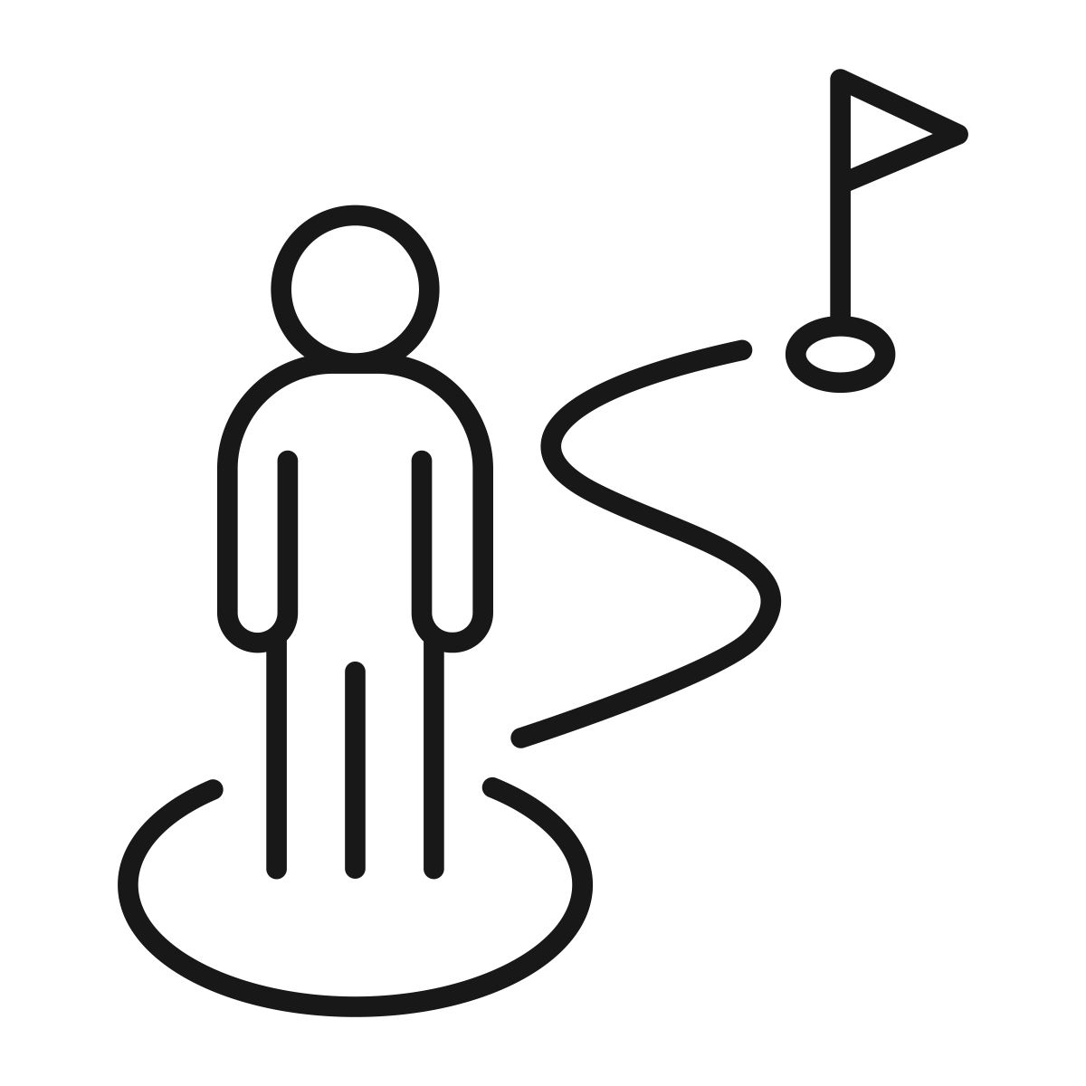 Line drawing of a person with a walking path leading to a flag on a hill