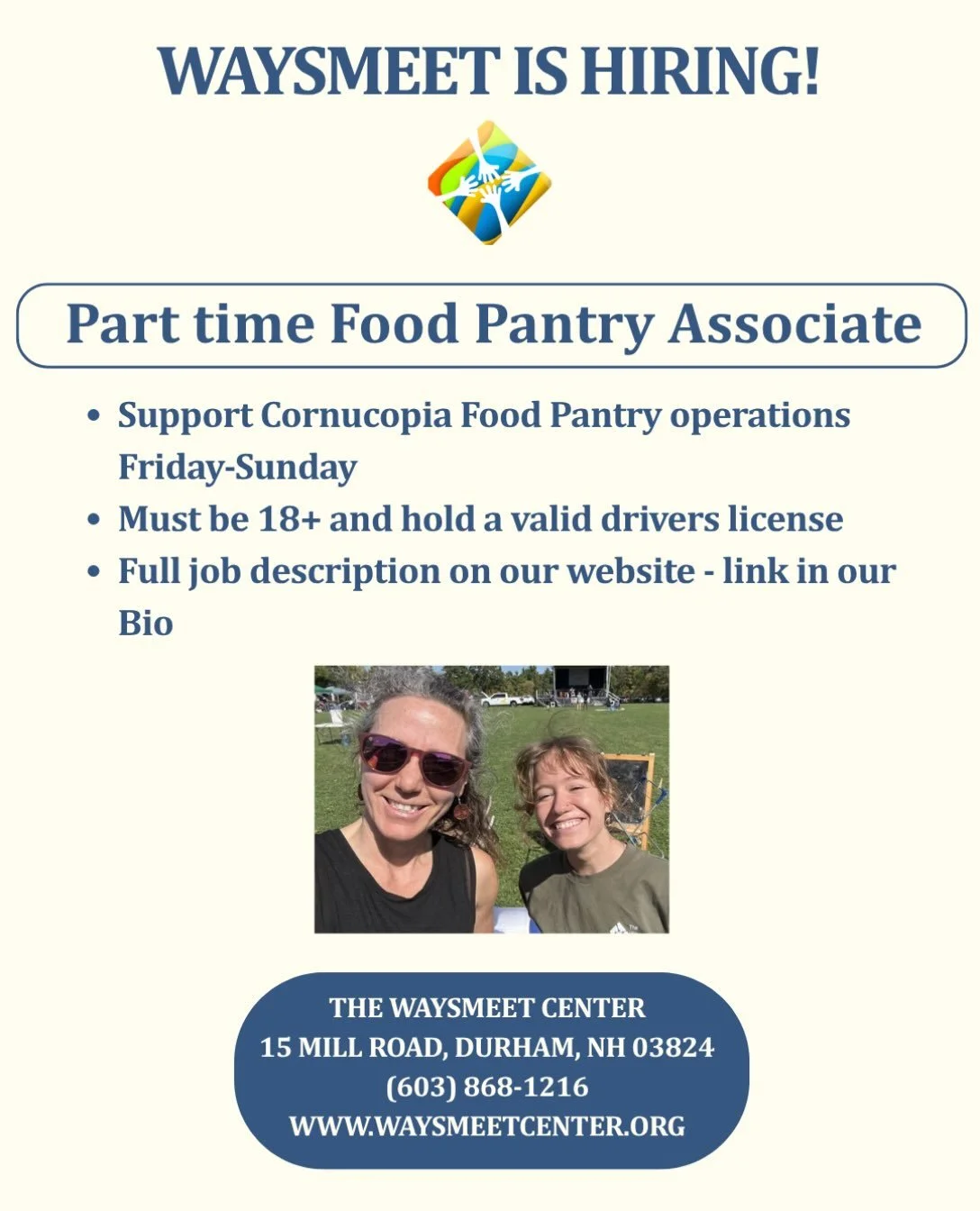 We&rsquo;re hiring! 

If you are passionate about food access, affordable housing, and basic needs support, we&rsquo;d love to hear from you! 

See the full position description on our website at https://waysmeetcenter.org

The Waysmeet Center is an 