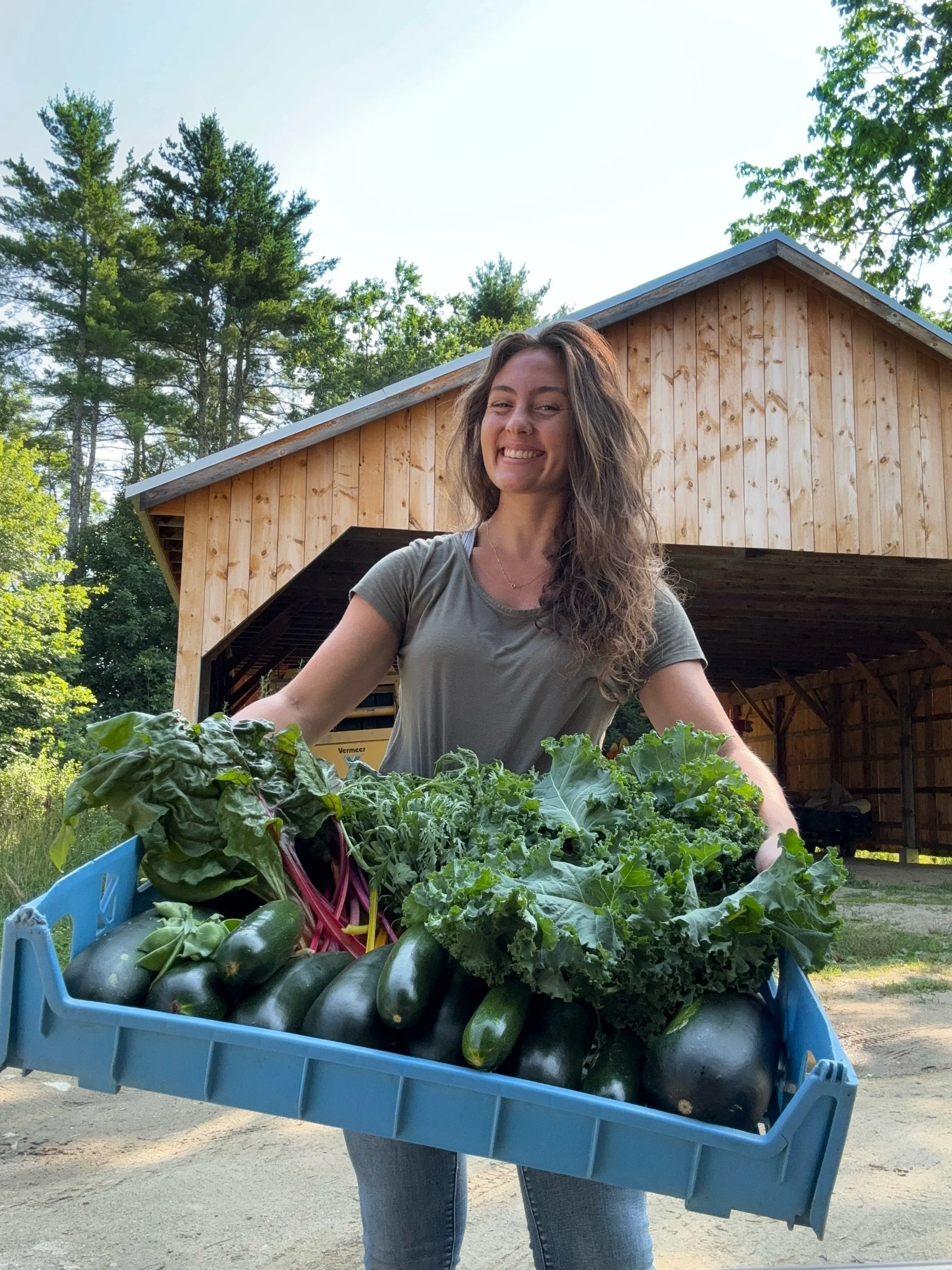 A woman smiling and standing behind a large blue crate filled with fresh vegetables, including zucchinis, cucumbers, leafy greens, and beets, outdoors with a wooden barn and green trees in the background.