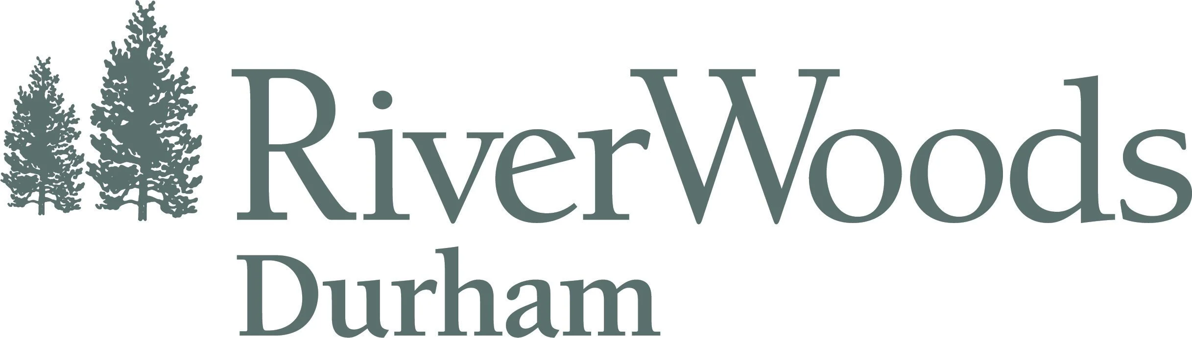 Logo for RiverWoods Durham featuring three stylized pine trees and the text 'RiverWoods Durham' in gray.