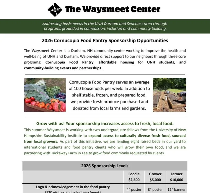 Flyer for The Waysmeet Center's 2026 Cornucopia Food Pantry Sponsorship Opportunities. Includes images of fresh produce and a raised garden bed. Describes programs supporting UNH students and local food sourcing.