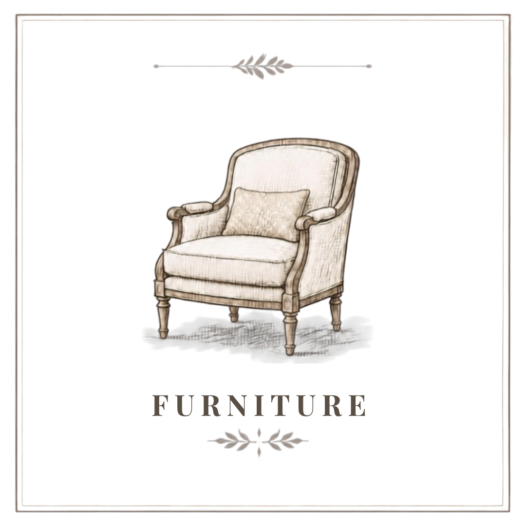 A vintage-style armchair with a cushion, illustrated on a white background with a decorative border, and the word 'Furniture' written below.